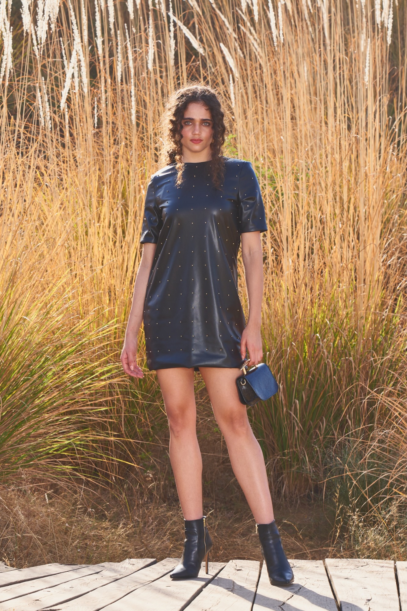 MATERIAL GIRL 03 BLACK FAUX LEATHER KNEE LENGTH STUDDED DRESS