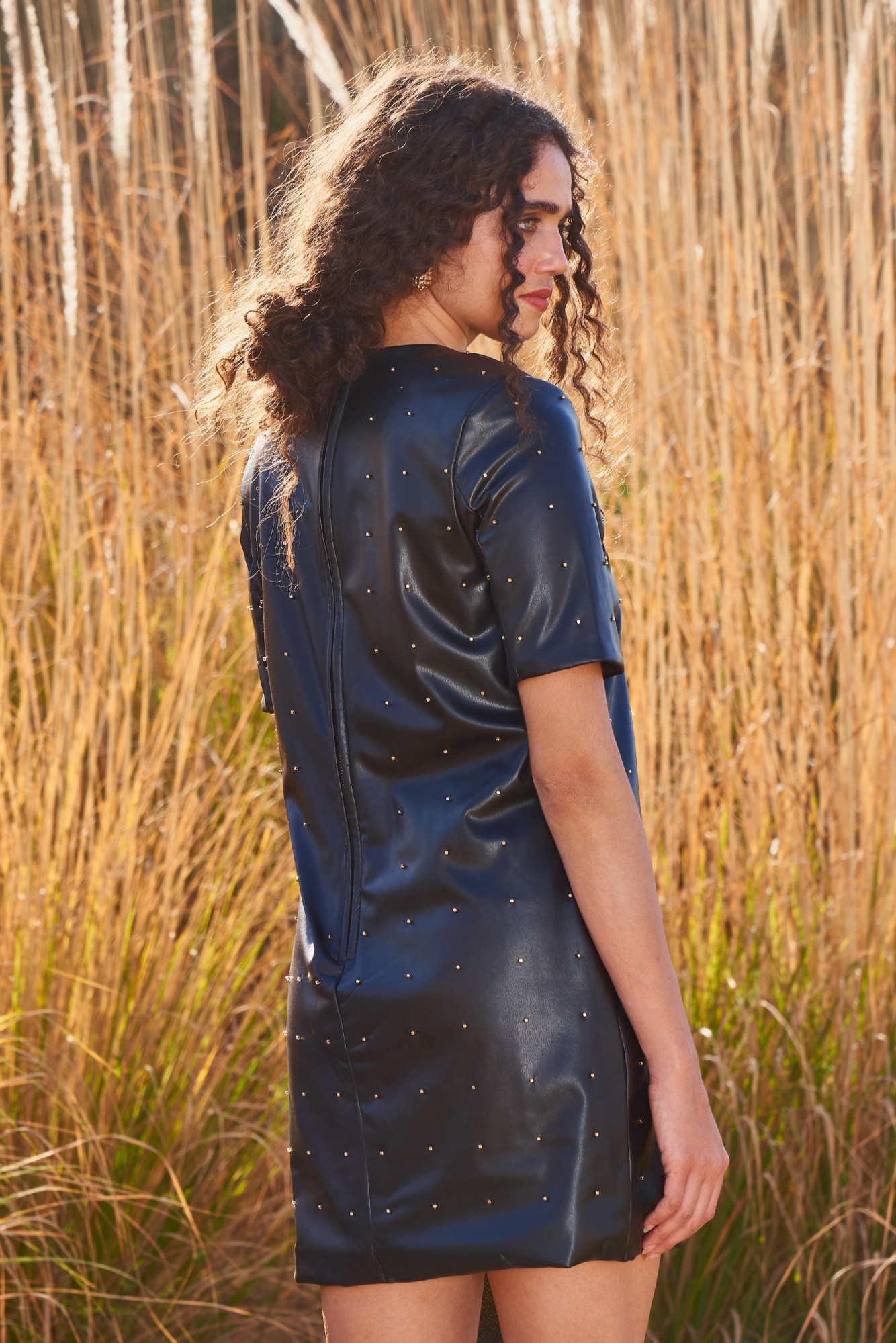 MATERIAL GIRL 03 BLACK FAUX LEATHER KNEE LENGTH STUDDED DRESS