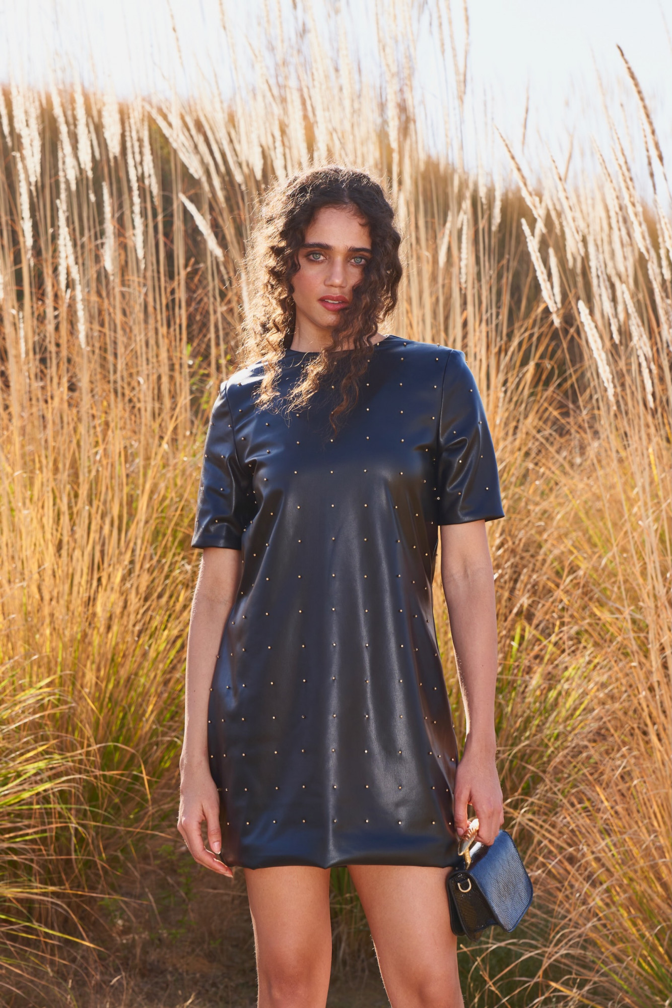 MATERIAL GIRL 03 BLACK FAUX LEATHER KNEE LENGTH STUDDED DRESS