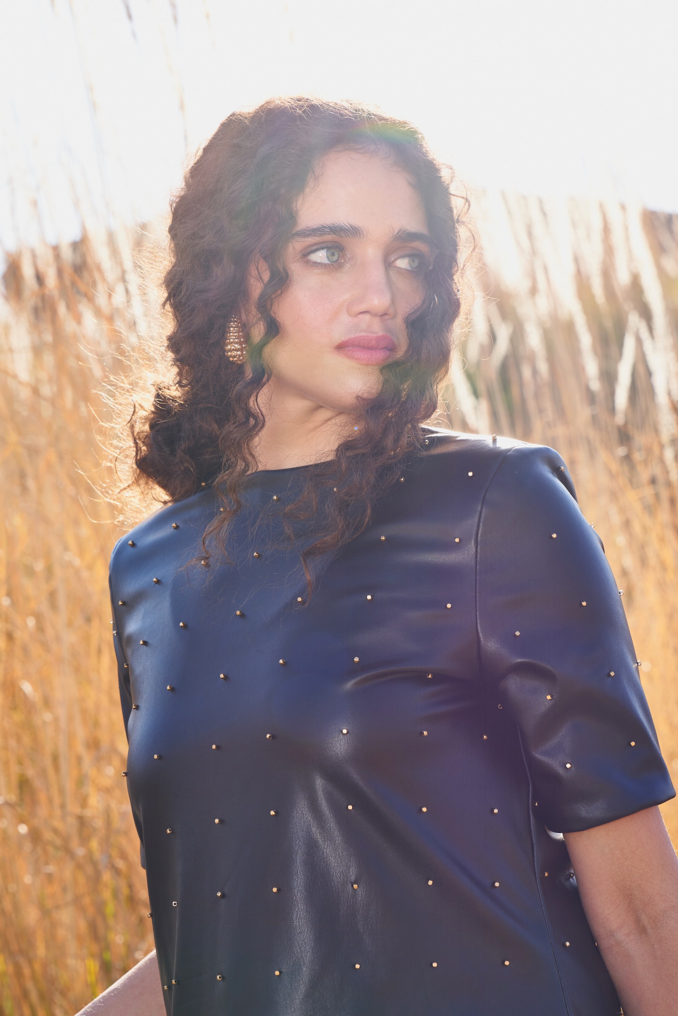 MATERIAL GIRL 03 BLACK FAUX LEATHER KNEE LENGTH STUDDED DRESS