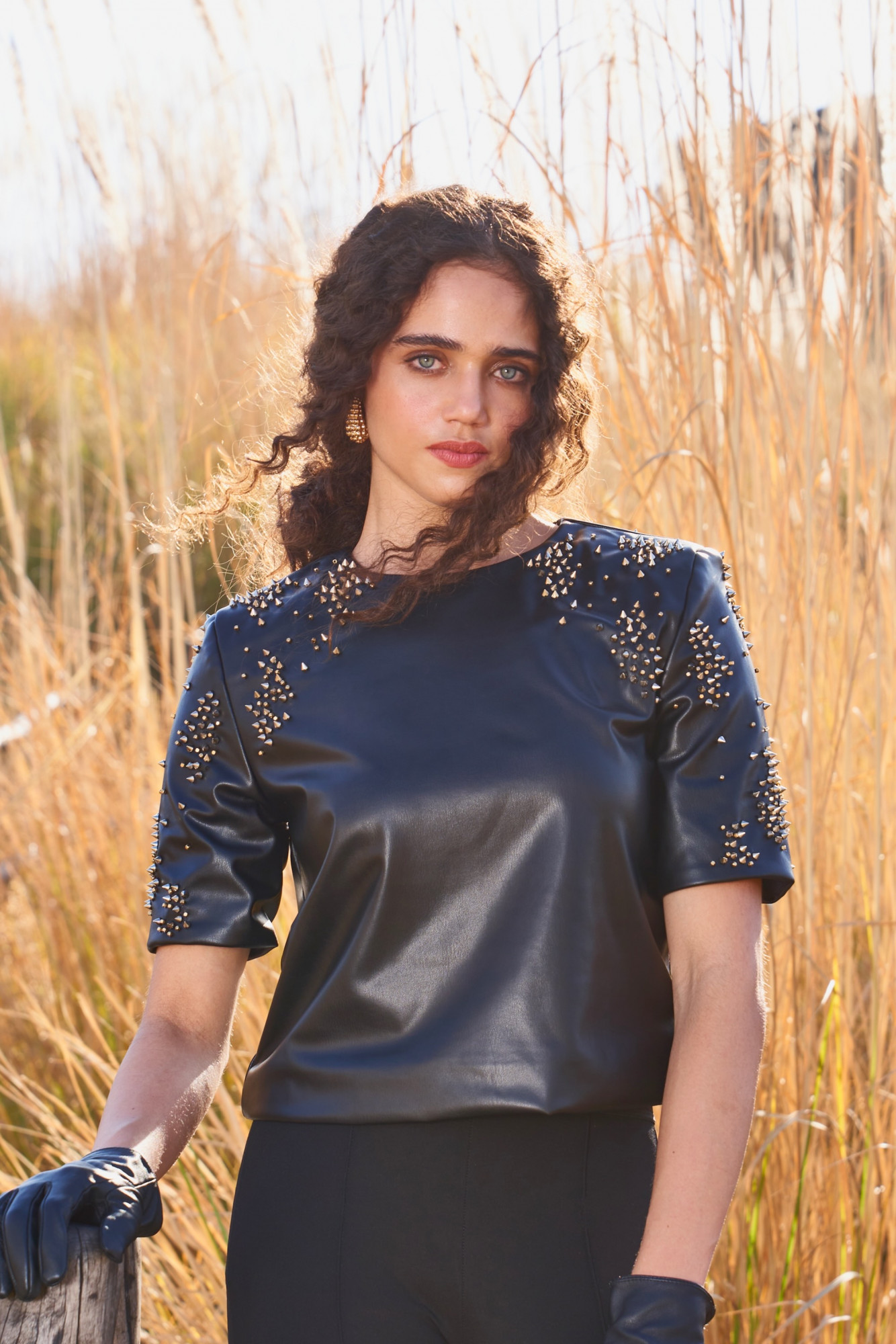 MATERIAL GIRL 03 BLACK FAUX LEATHER STUDDED CROP TOP