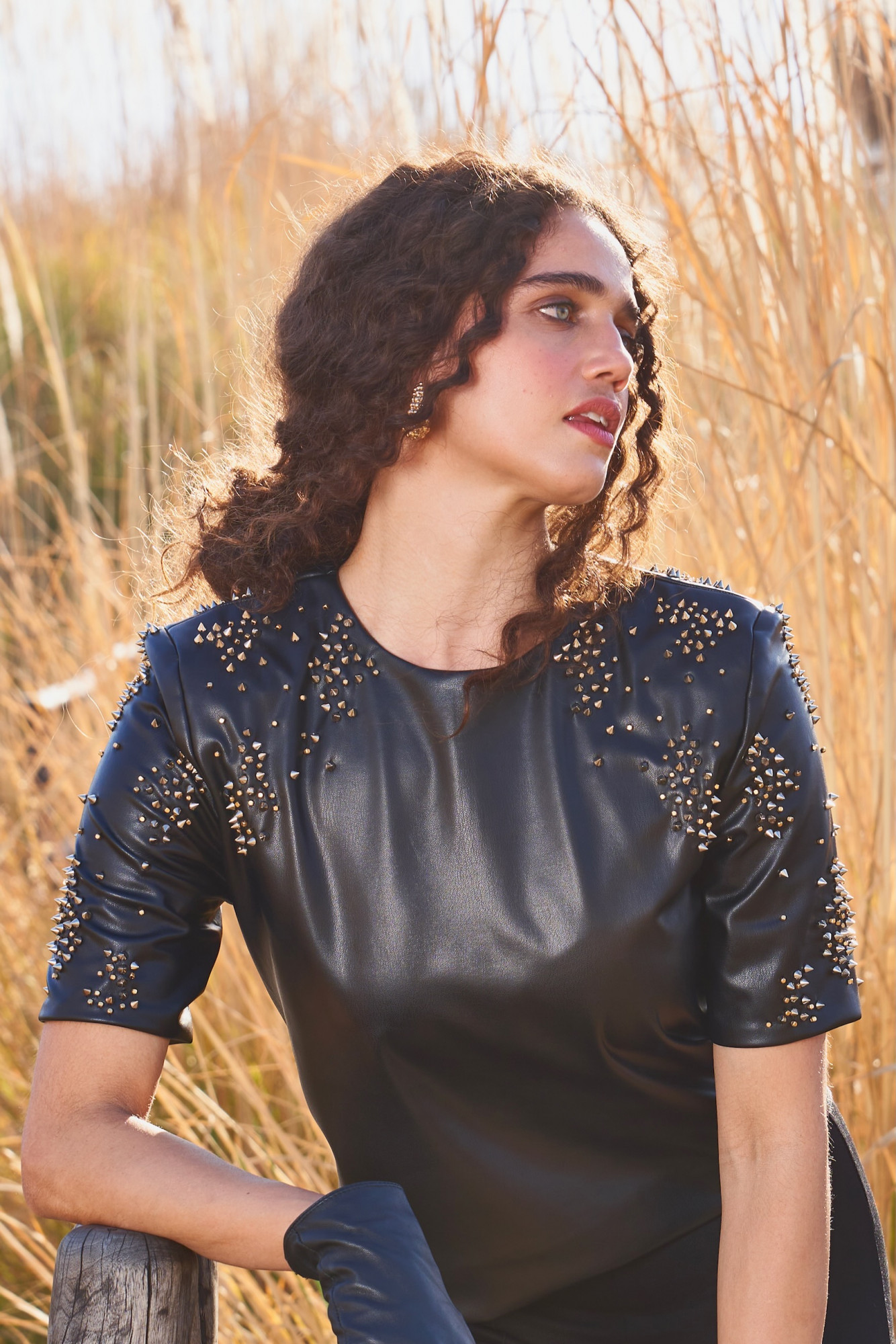 MATERIAL GIRL 03 BLACK FAUX LEATHER STUDDED CROP TOP