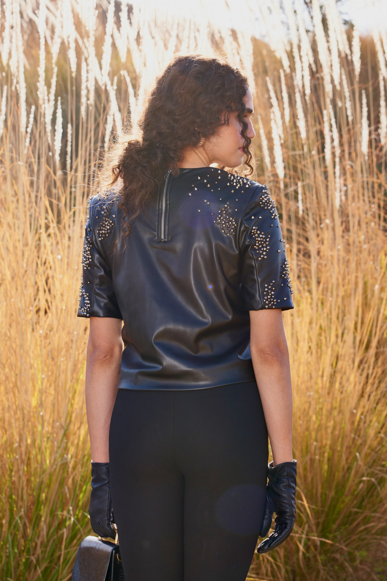 MATERIAL GIRL 03 BLACK FAUX LEATHER STUDDED CROP TOP