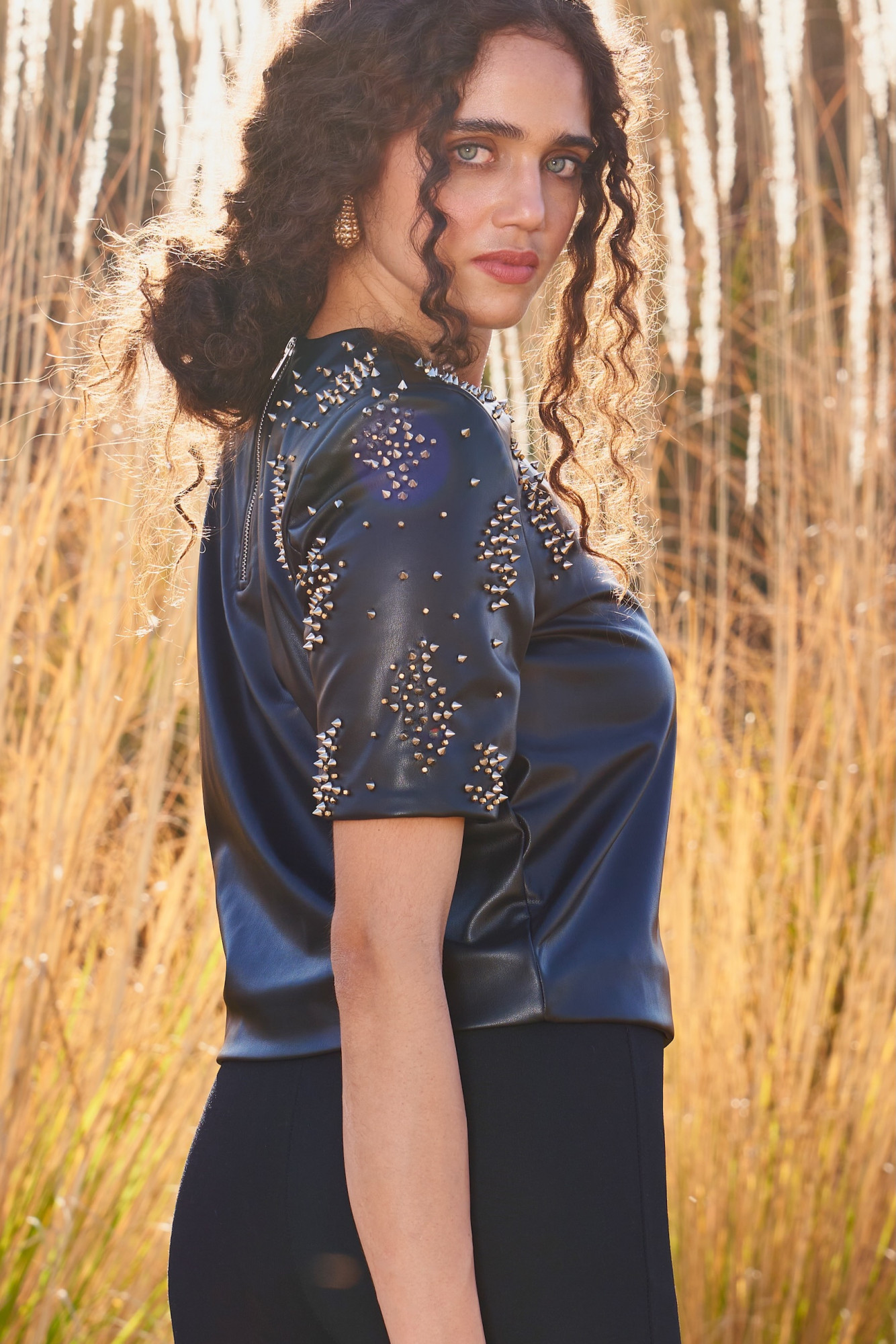 MATERIAL GIRL 03 BLACK FAUX LEATHER STUDDED CROP TOP