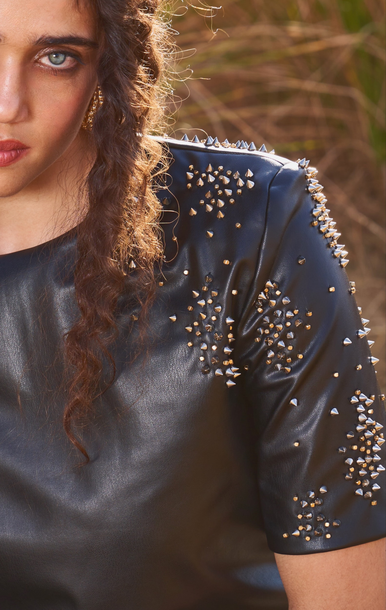 MATERIAL GIRL 03 BLACK FAUX LEATHER STUDDED CROP TOP