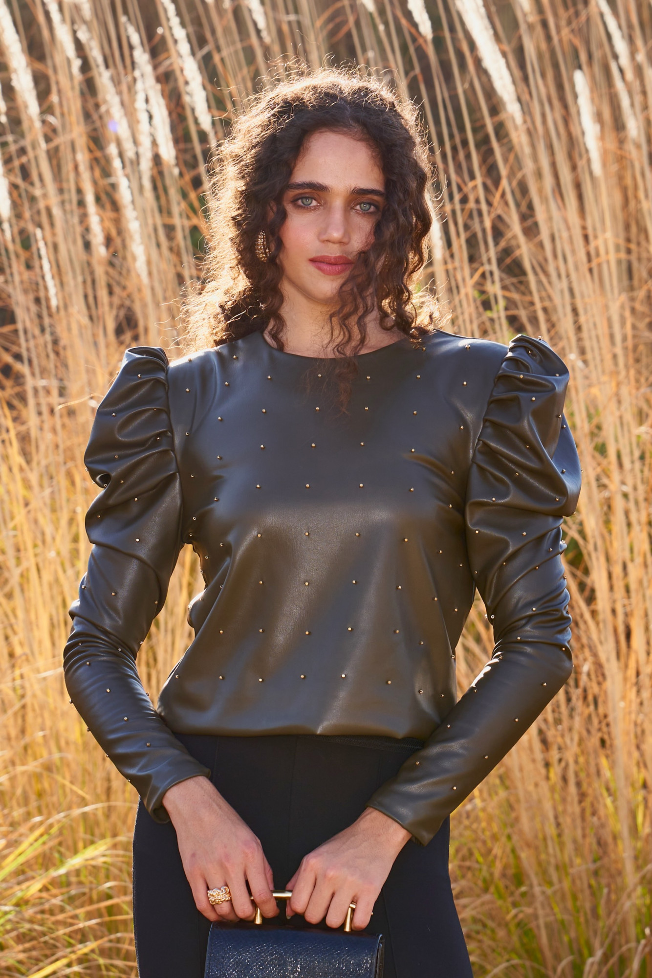 MATERIAL GIRL 03 DARK OLIVE FAUX LEATHER STUDDED PEPLUM TOP WITH FULL LENGTH SLEEVES