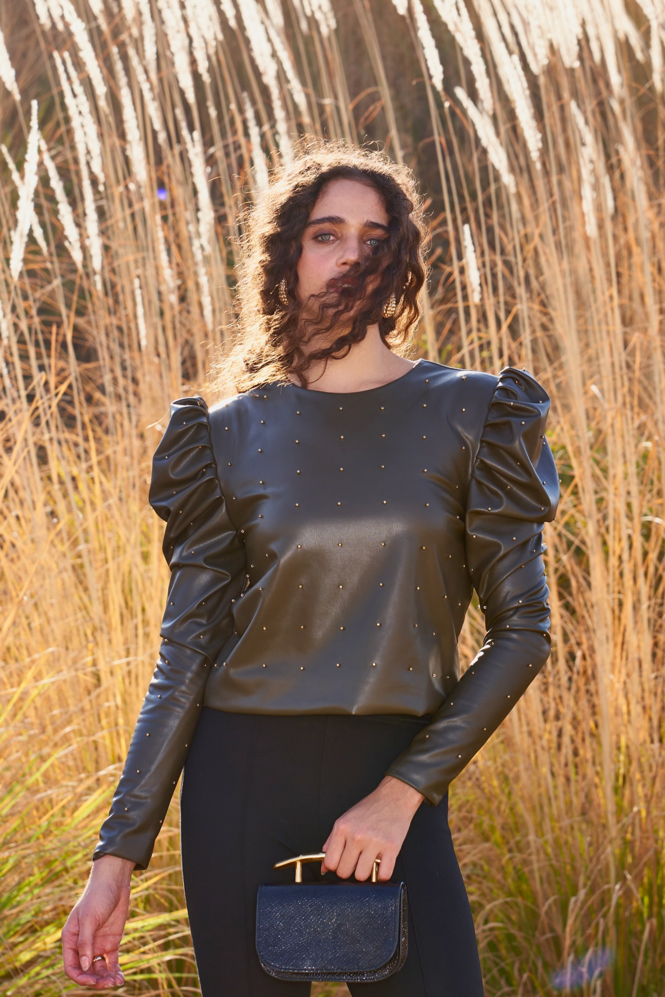 MATERIAL GIRL 03 DARK OLIVE FAUX LEATHER STUDDED PEPLUM TOP WITH FULL LENGTH SLEEVES