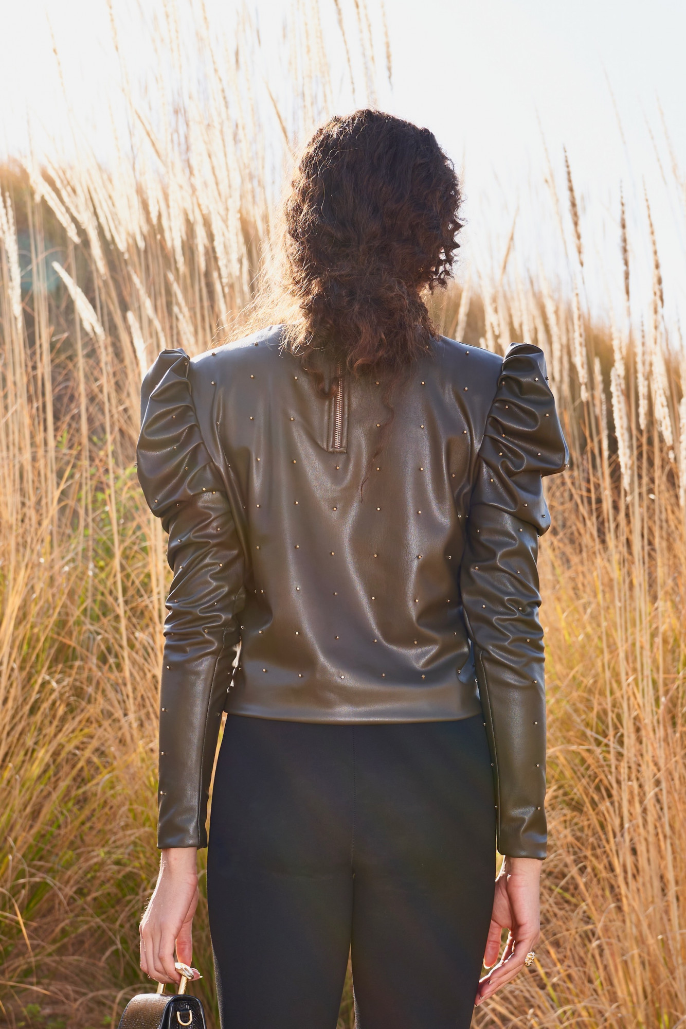 MATERIAL GIRL 03 DARK OLIVE FAUX LEATHER STUDDED PEPLUM TOP WITH FULL LENGTH SLEEVES