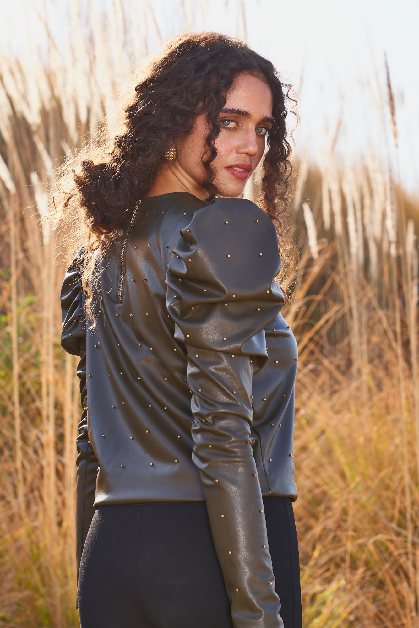 MATERIAL GIRL 03 DARK OLIVE FAUX LEATHER STUDDED PEPLUM TOP WITH FULL LENGTH SLEEVES