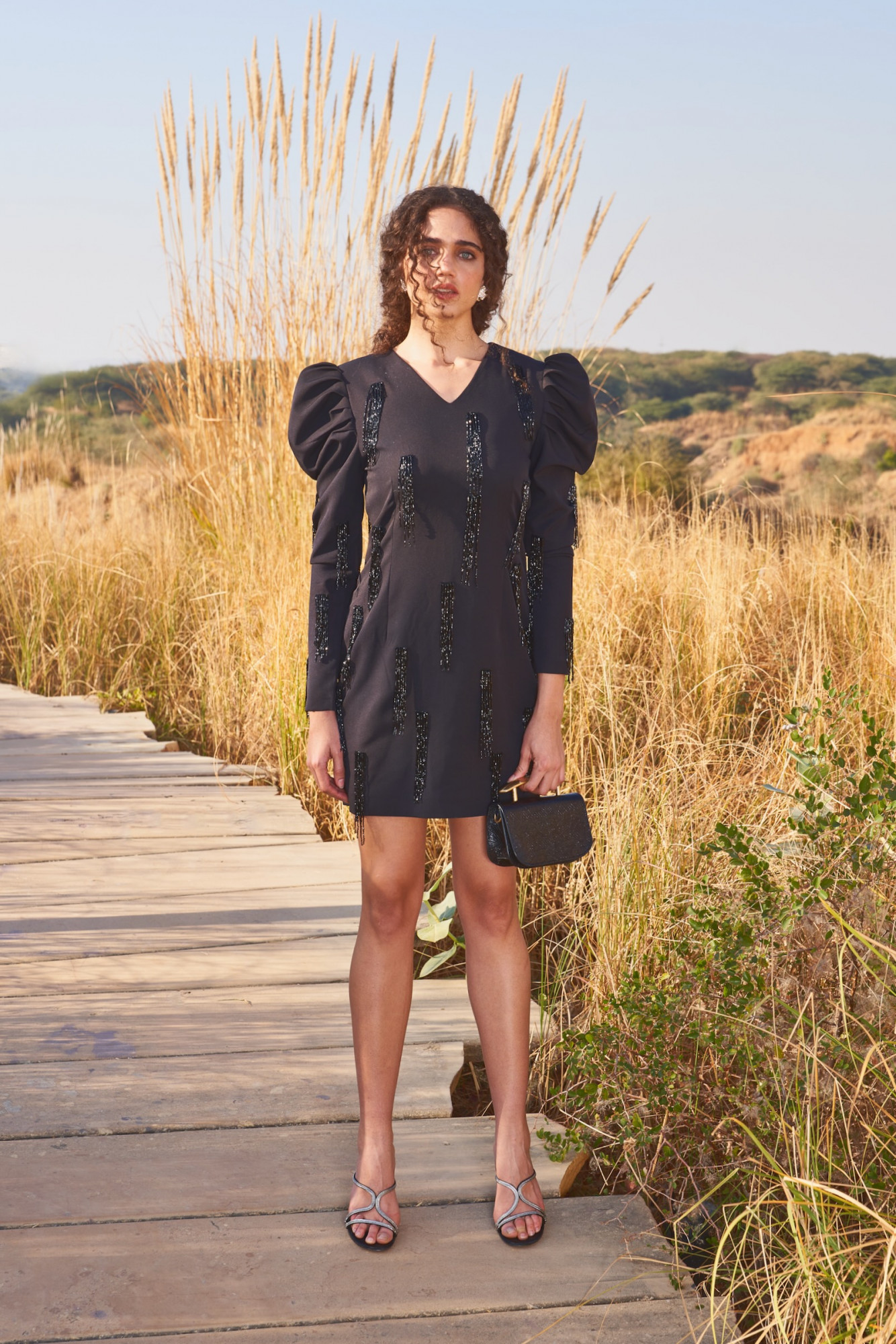 MATERIAL GIRL 03 BLACK KNEE LENGTH DRESS WITH BLACK HANGING BEADS HAND EMROIDERY