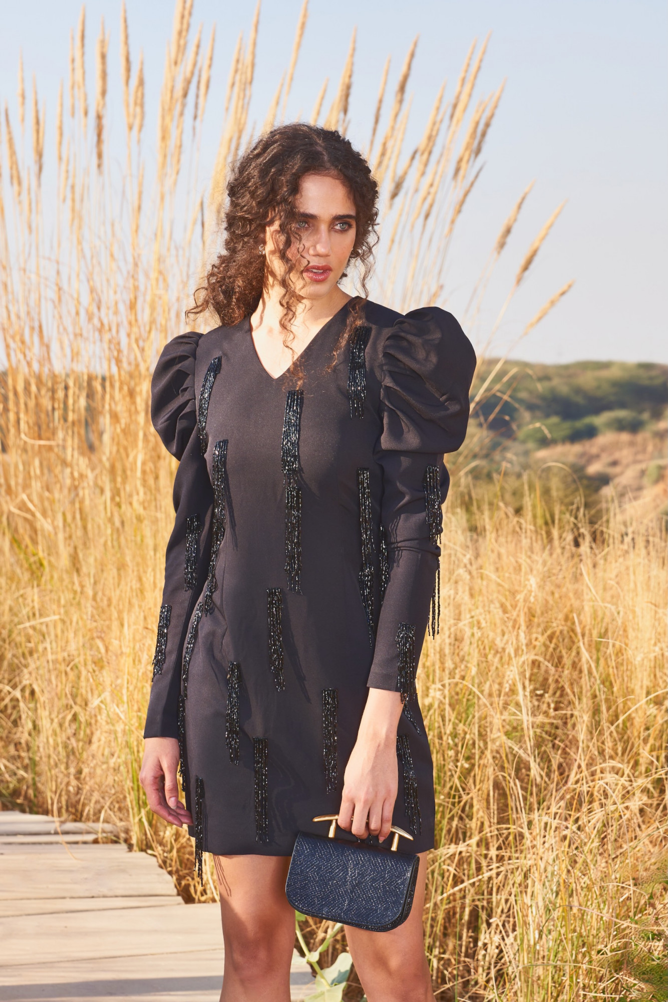 MATERIAL GIRL 03 BLACK KNEE LENGTH DRESS WITH BLACK HANGING BEADS HAND EMROIDERY