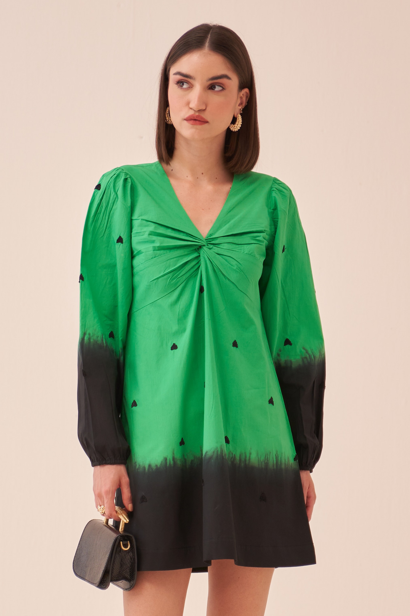 CASABLANCA GREEN COTTON POPLIN DIP DYED DRESS WITH FULL SLEEVES AND THREAD EMBROIDERY