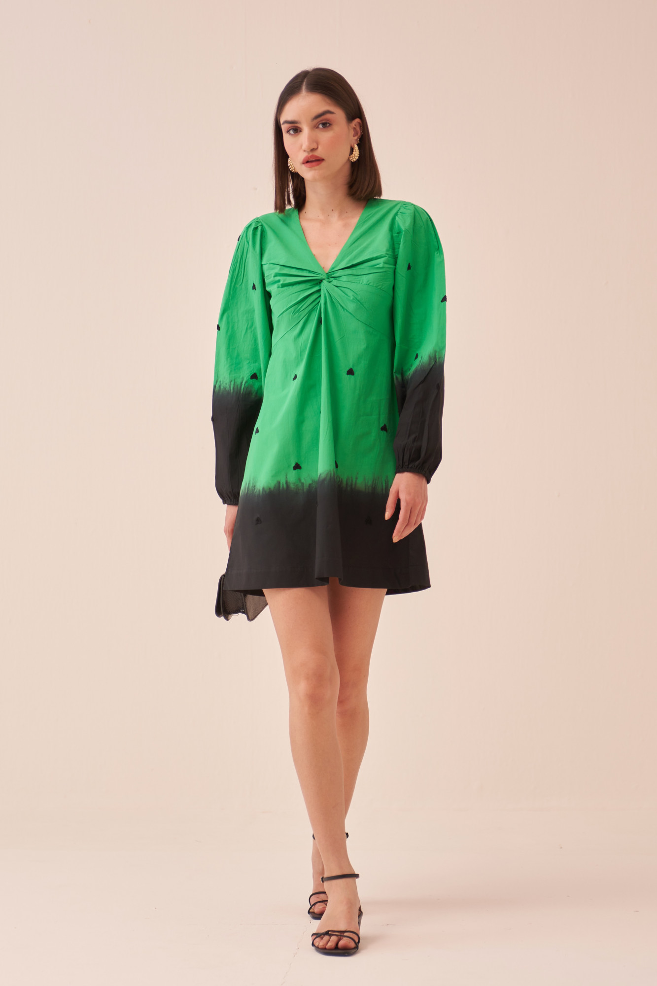 CASABLANCA GREEN COTTON POPLIN DIP DYED DRESS WITH FULL SLEEVES AND THREAD EMBROIDERY