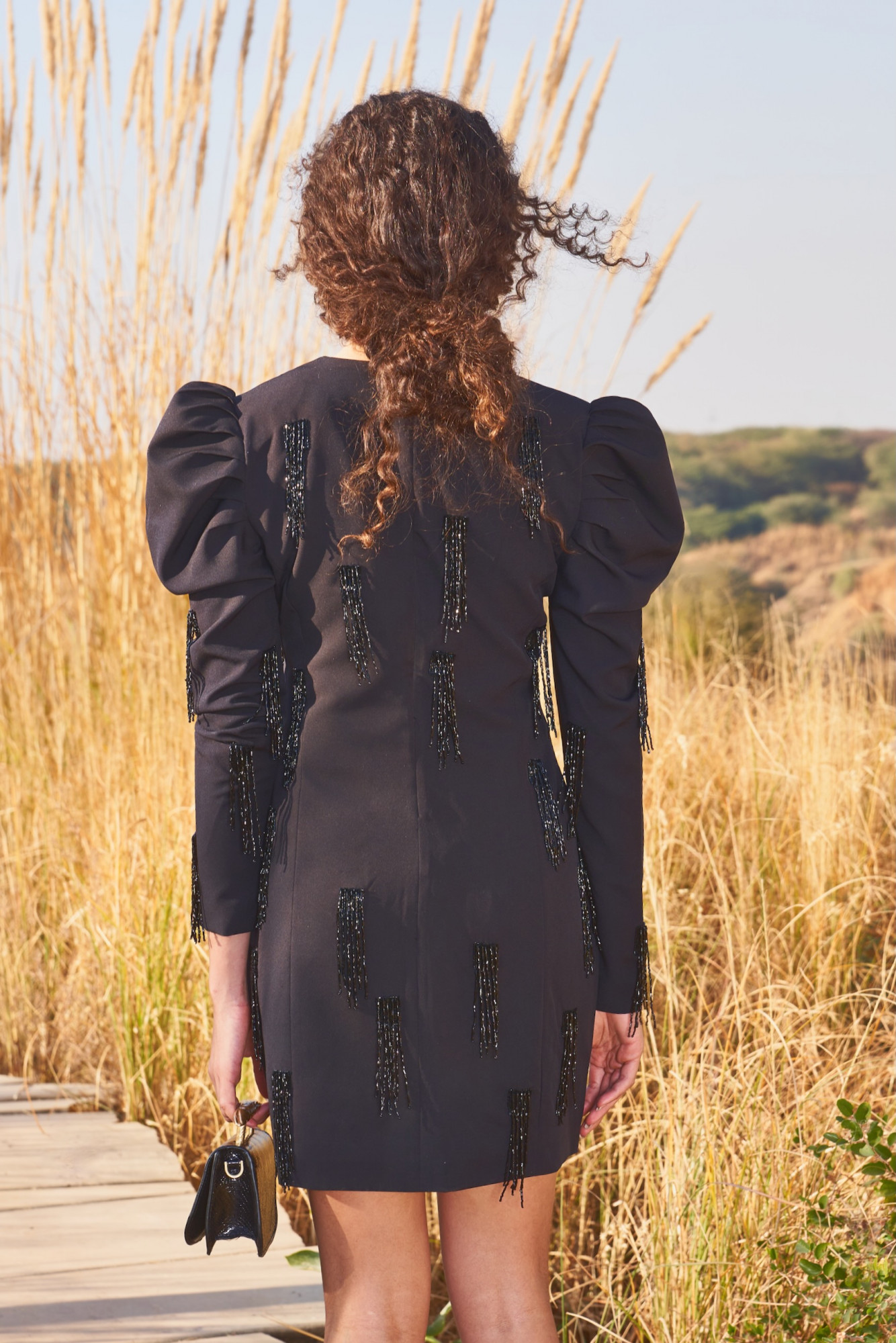 MATERIAL GIRL 03 BLACK KNEE LENGTH DRESS WITH BLACK HANGING BEADS HAND EMROIDERY