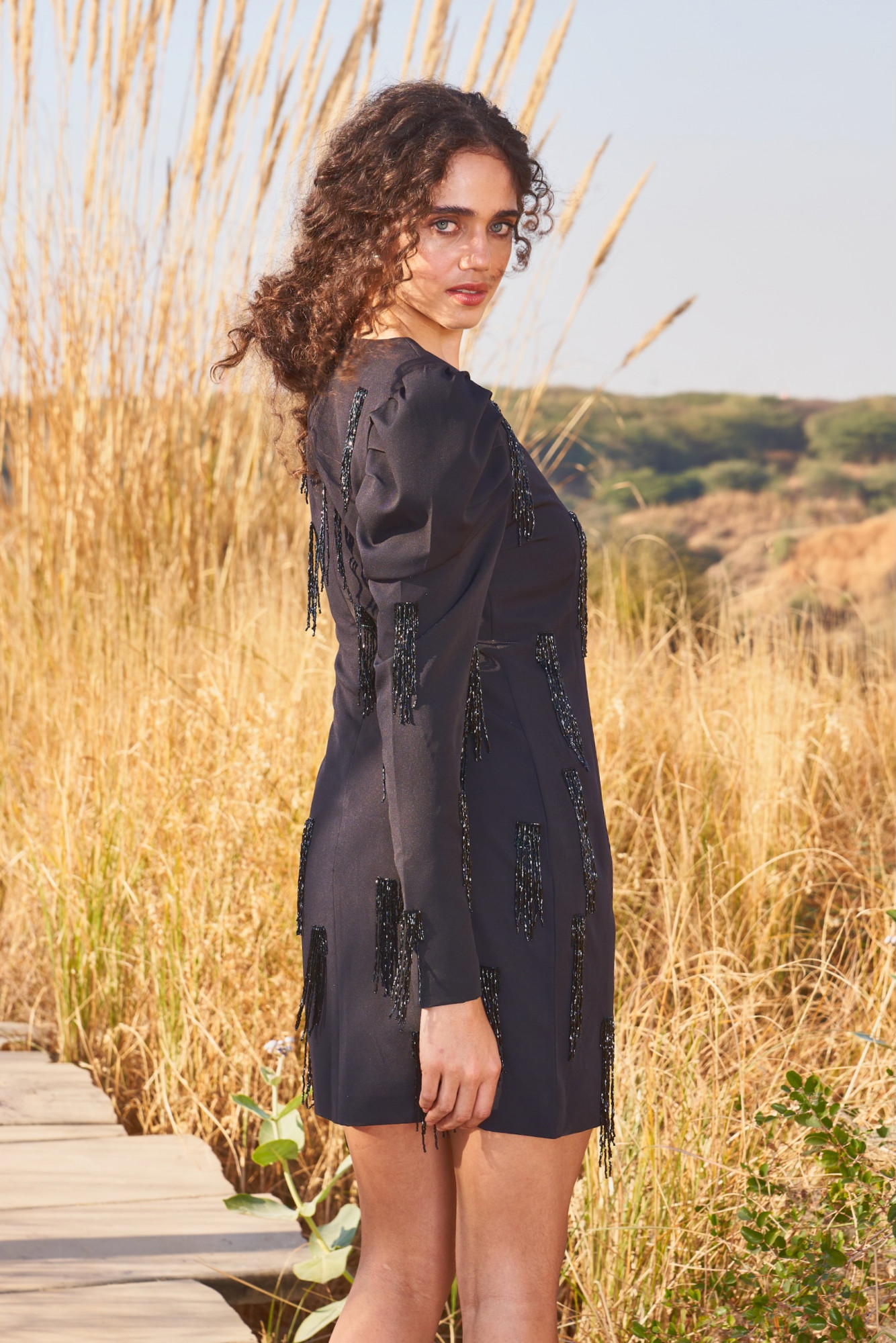 MATERIAL GIRL 03 BLACK KNEE LENGTH DRESS WITH BLACK HANGING BEADS HAND EMROIDERY