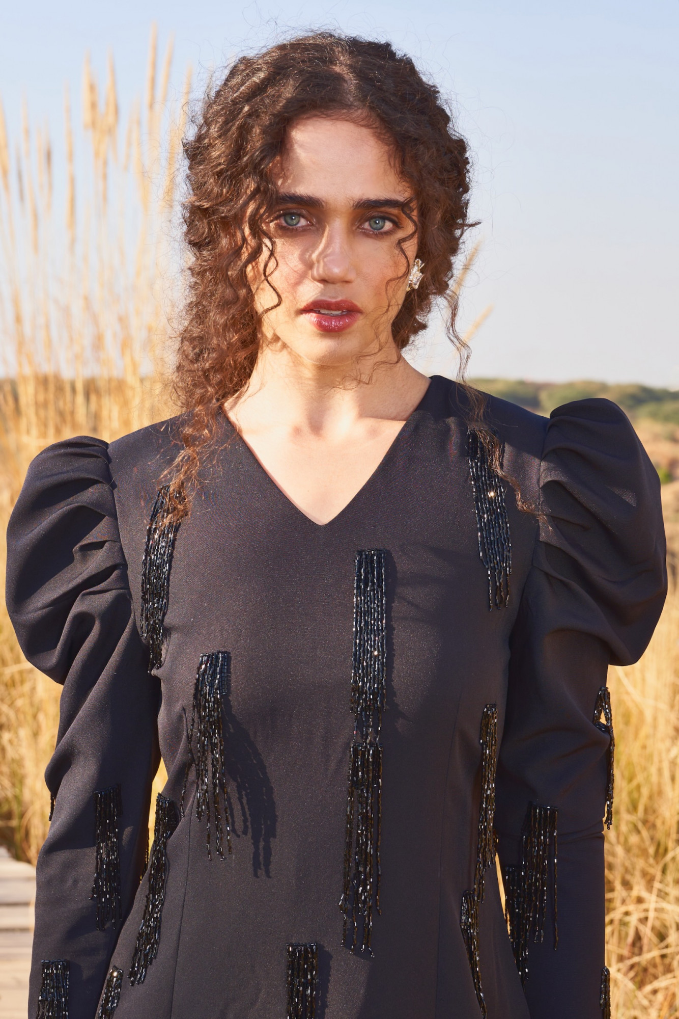 MATERIAL GIRL 03 BLACK KNEE LENGTH DRESS WITH BLACK HANGING BEADS HAND EMROIDERY