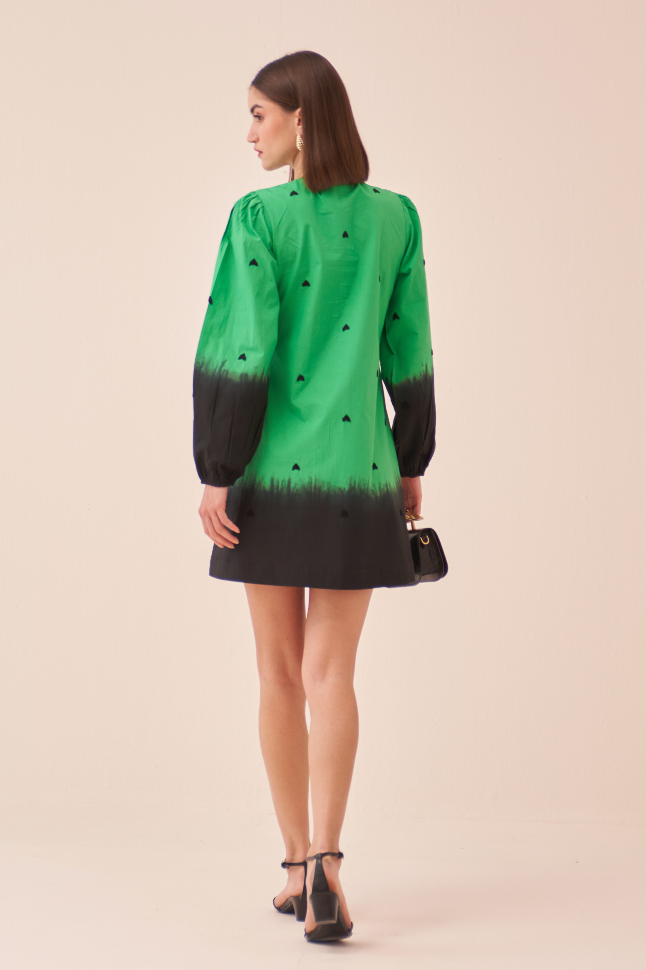 CASABLANCA GREEN COTTON POPLIN DIP DYED DRESS WITH FULL SLEEVES AND THREAD EMBROIDERY