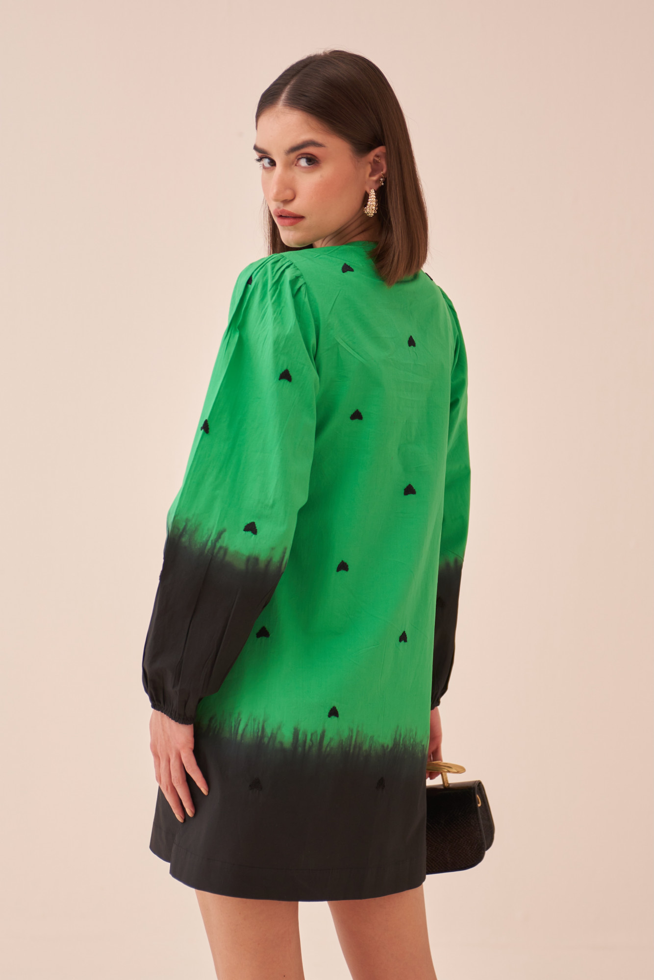 CASABLANCA GREEN COTTON POPLIN DIP DYED DRESS WITH FULL SLEEVES AND THREAD EMBROIDERY