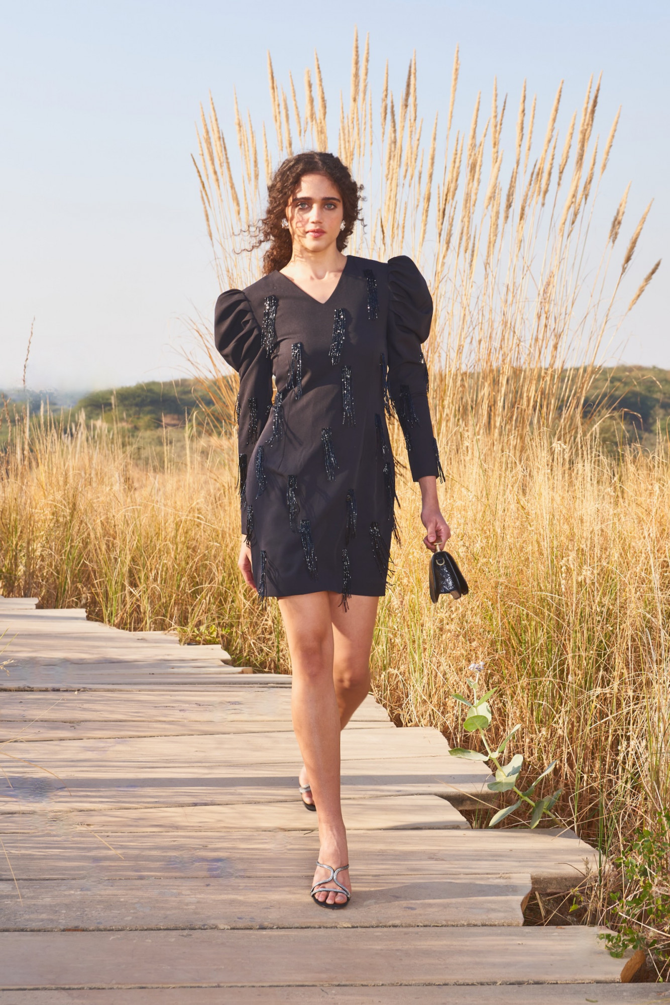 MATERIAL GIRL 03 BLACK KNEE LENGTH DRESS WITH BLACK HANGING BEADS HAND EMROIDERY