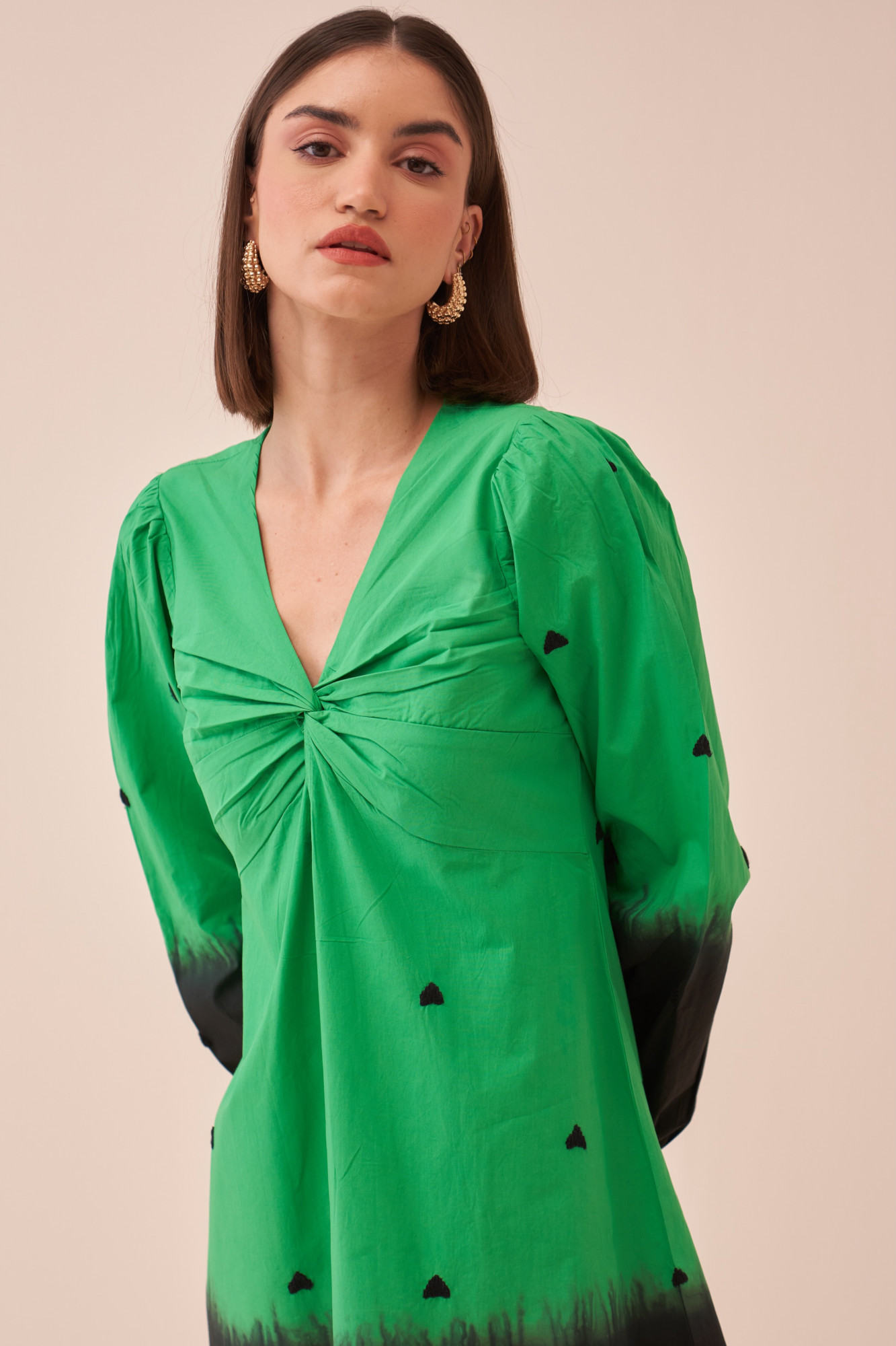 CASABLANCA GREEN COTTON POPLIN DIP DYED DRESS WITH FULL SLEEVES AND THREAD EMBROIDERY