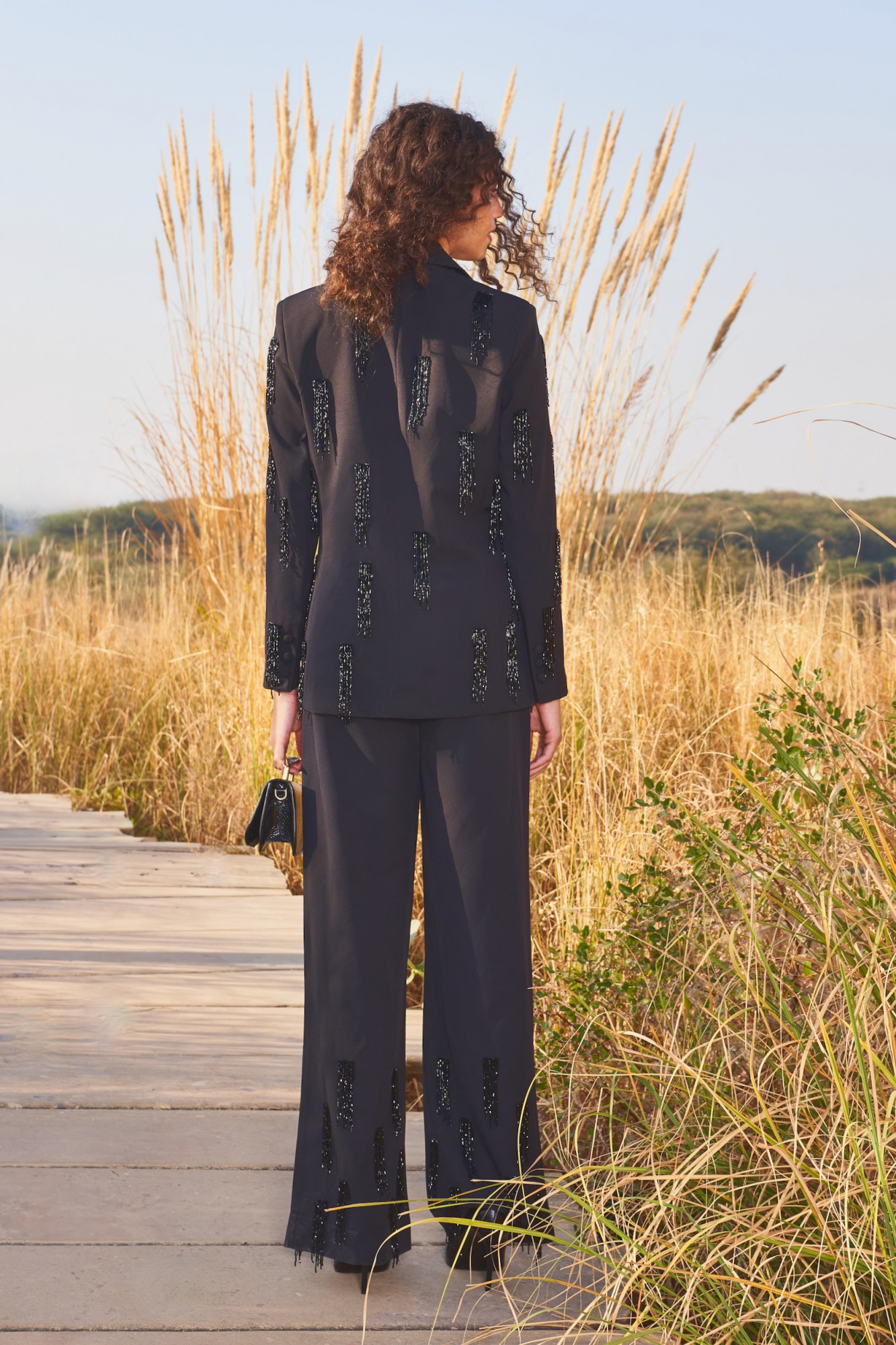 MATERIAL GIRL 03 BLACK JACKET AND PANT CO-RD SET WITH BLACK HANGING BEADS HAND EMBROIDERY