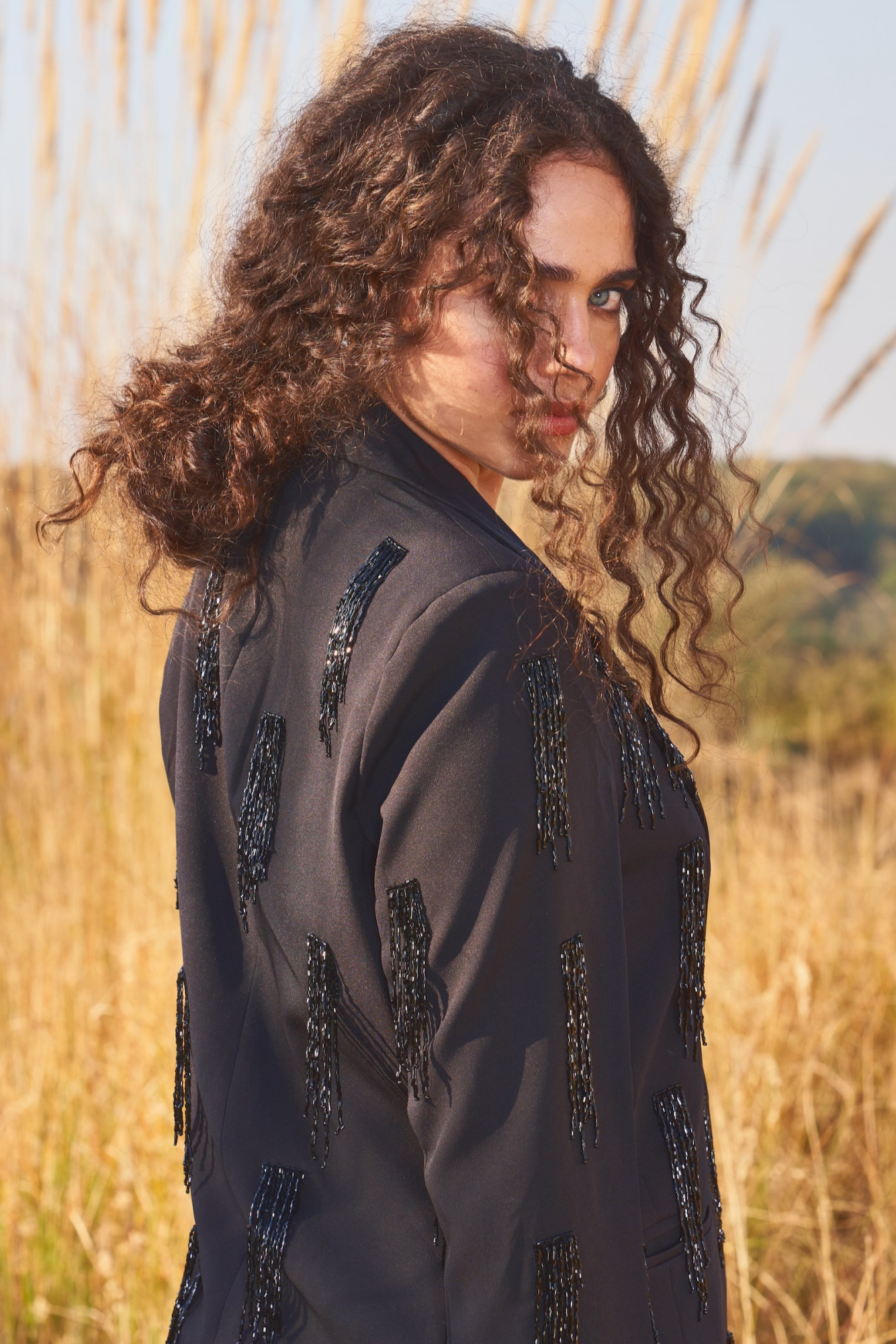 MATERIAL GIRL 03 BLACK JACKET AND PANT CO-RD SET WITH BLACK HANGING BEADS HAND EMBROIDERY