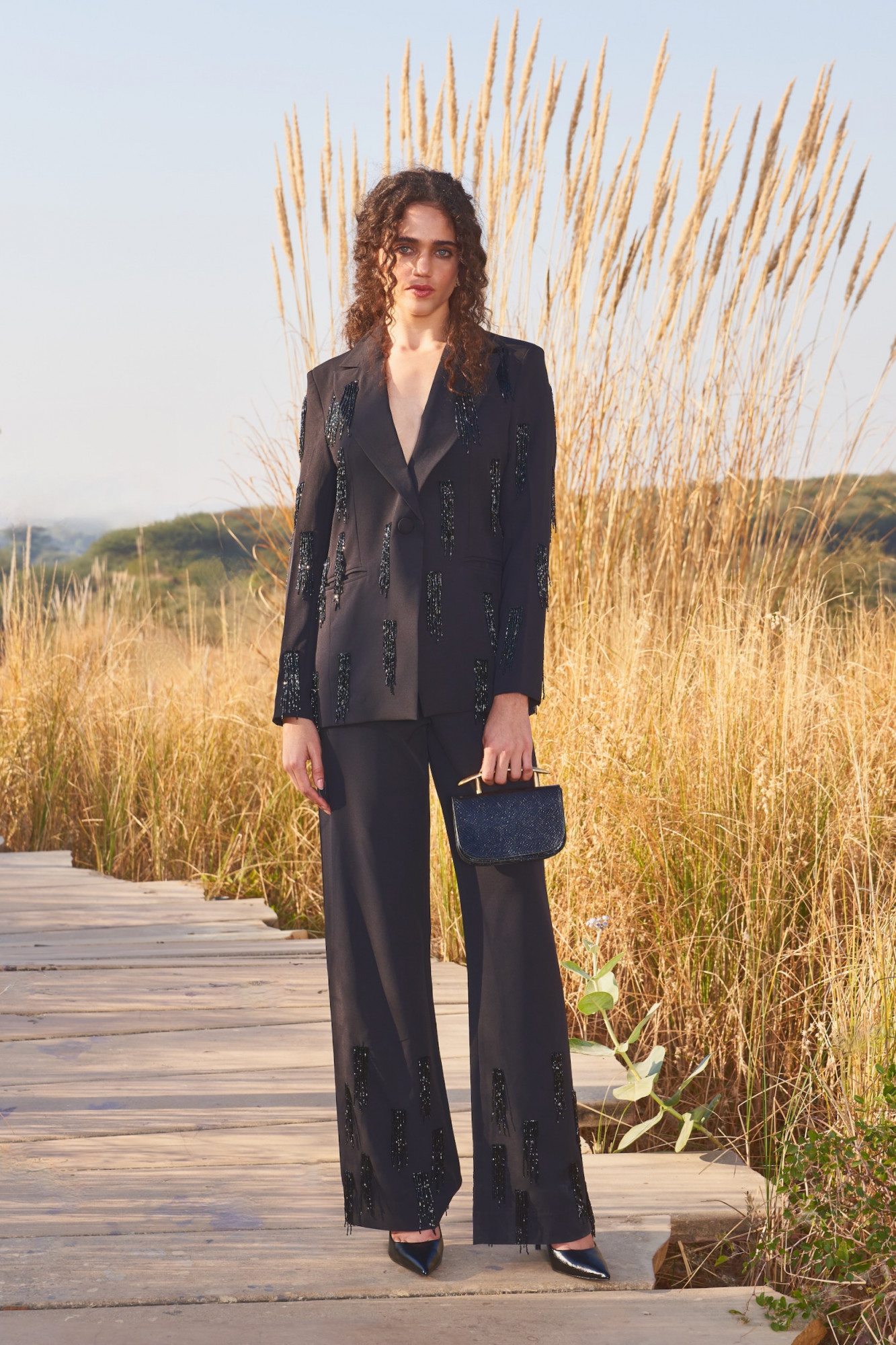 MATERIAL GIRL 03 BLACK JACKET AND PANT CO-RD SET WITH BLACK HANGING BEADS HAND EMBROIDERY