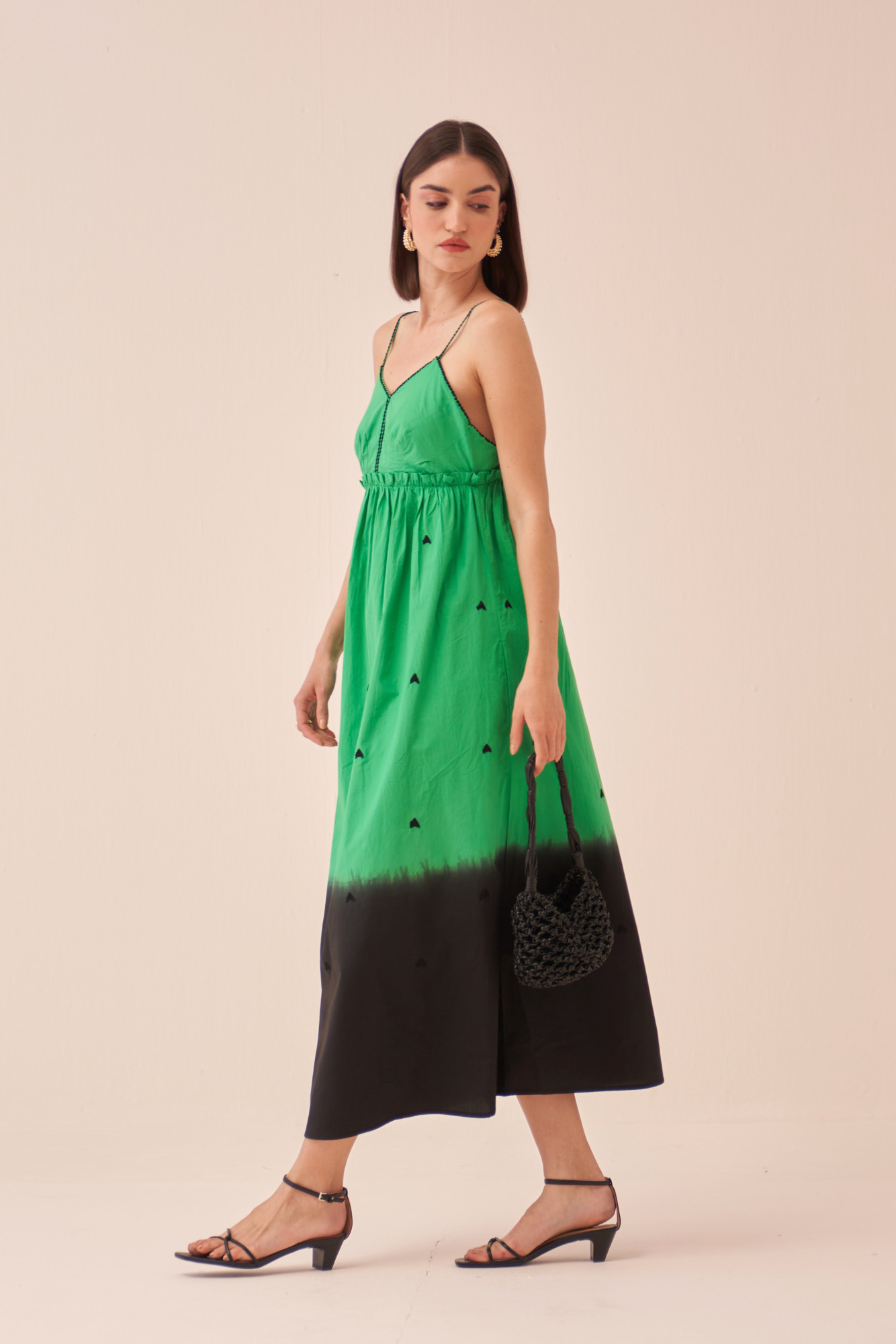 CASABLANCA GREEN COLOUR MIDI LENGTH DRESS WITH DIP DYE AND THREAD EMBROIDERY ALL OVER