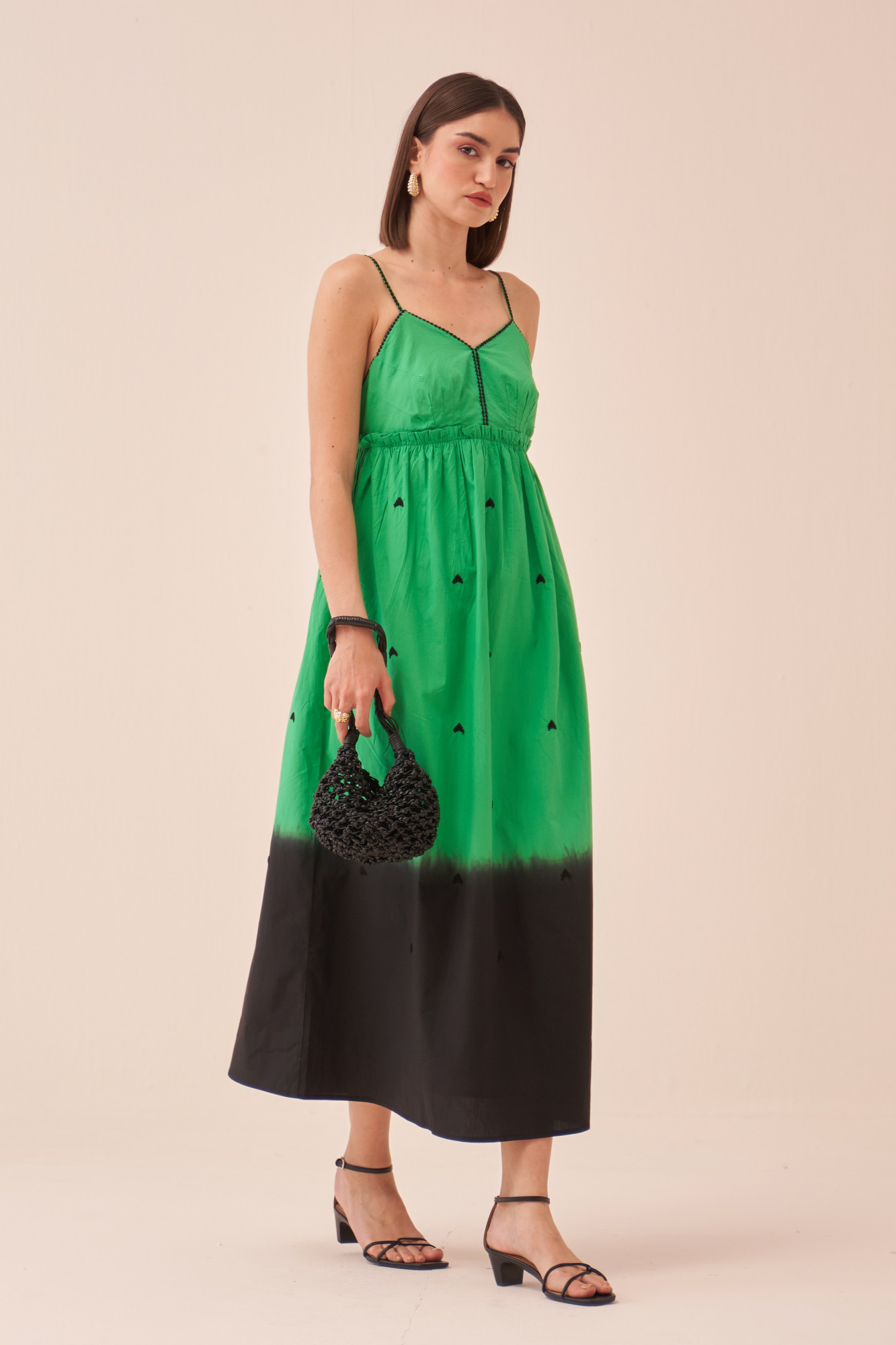 CASABLANCA GREEN COLOUR MIDI LENGTH DRESS WITH DIP DYE AND THREAD EMBROIDERY ALL OVER
