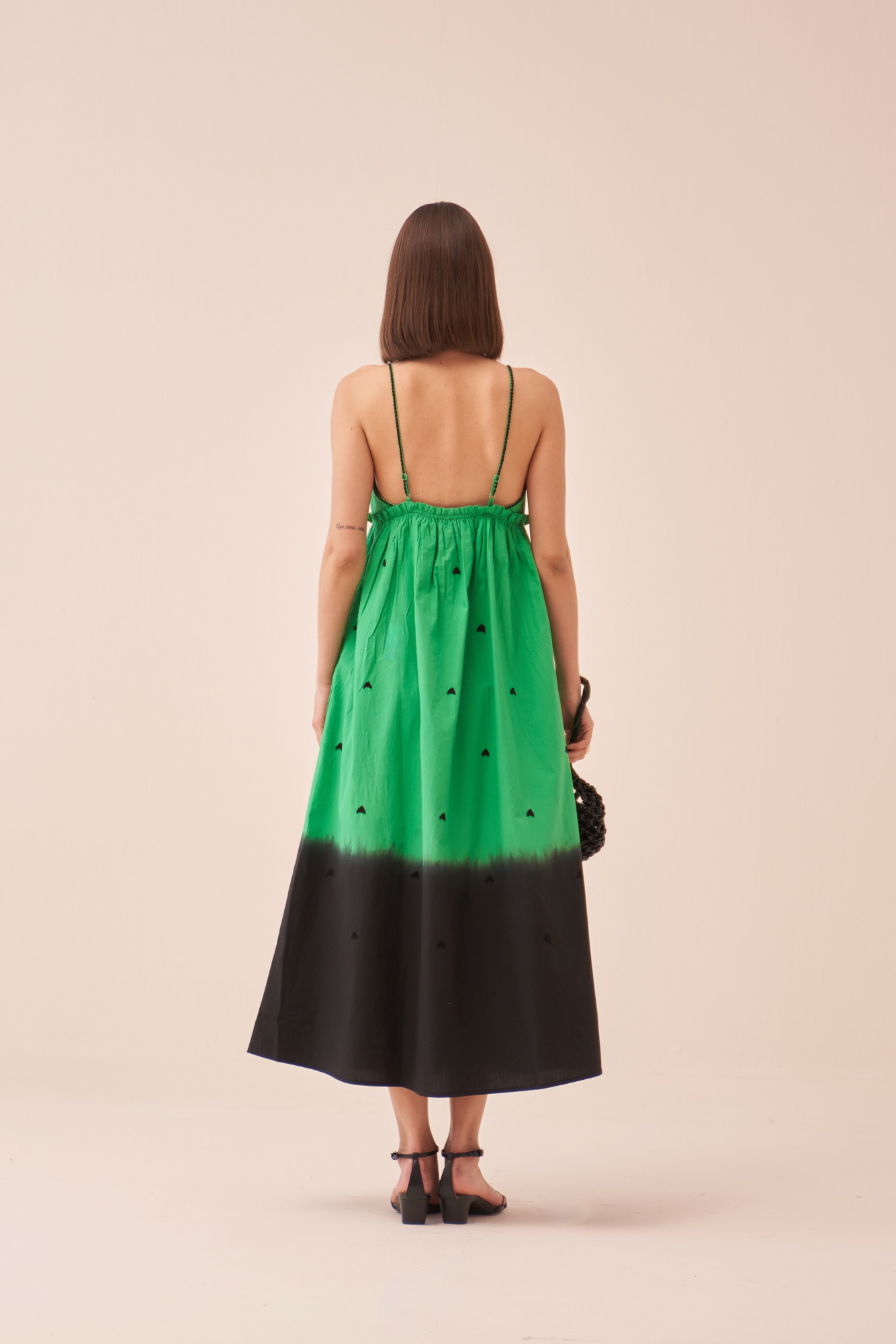 CASABLANCA GREEN COLOUR MIDI LENGTH DRESS WITH DIP DYE AND THREAD EMBROIDERY ALL OVER