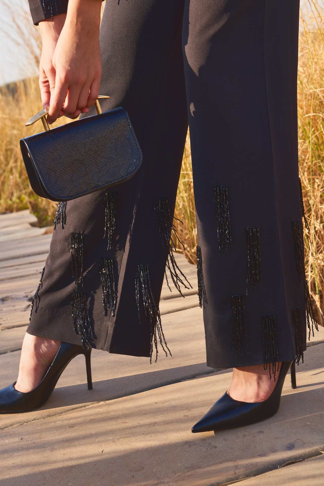 MATERIAL GIRL 03 BLACK TOP AND PANT CO-ORD SET WITH BLACK HANGING BEADS HAND EMBROIDERY