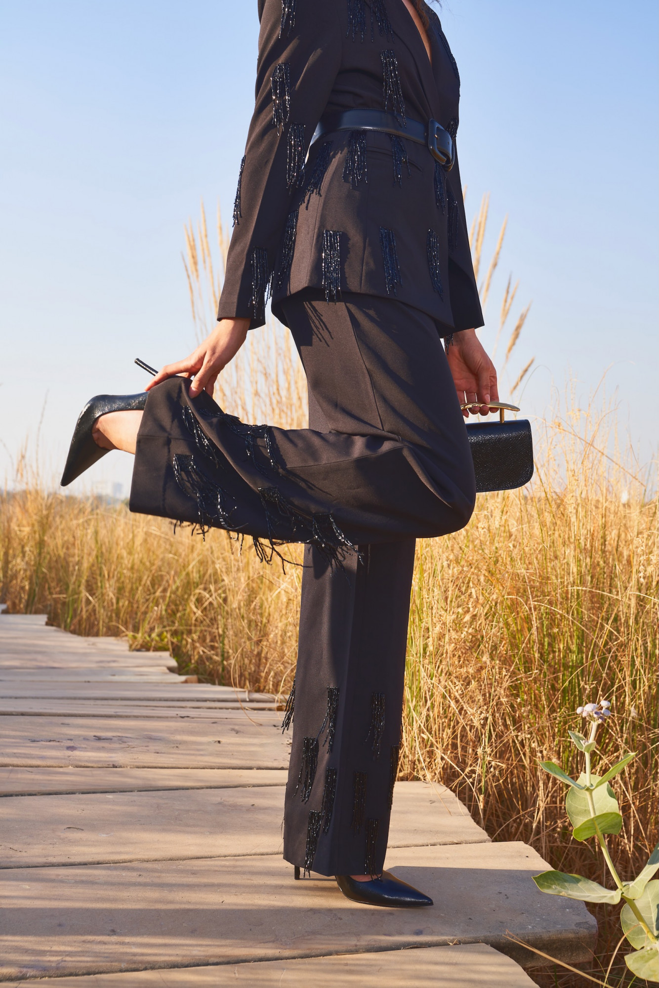 MATERIAL GIRL 03 BLACK JACKET AND PANT CO-RD SET WITH BLACK HANGING BEADS HAND EMBROIDERY