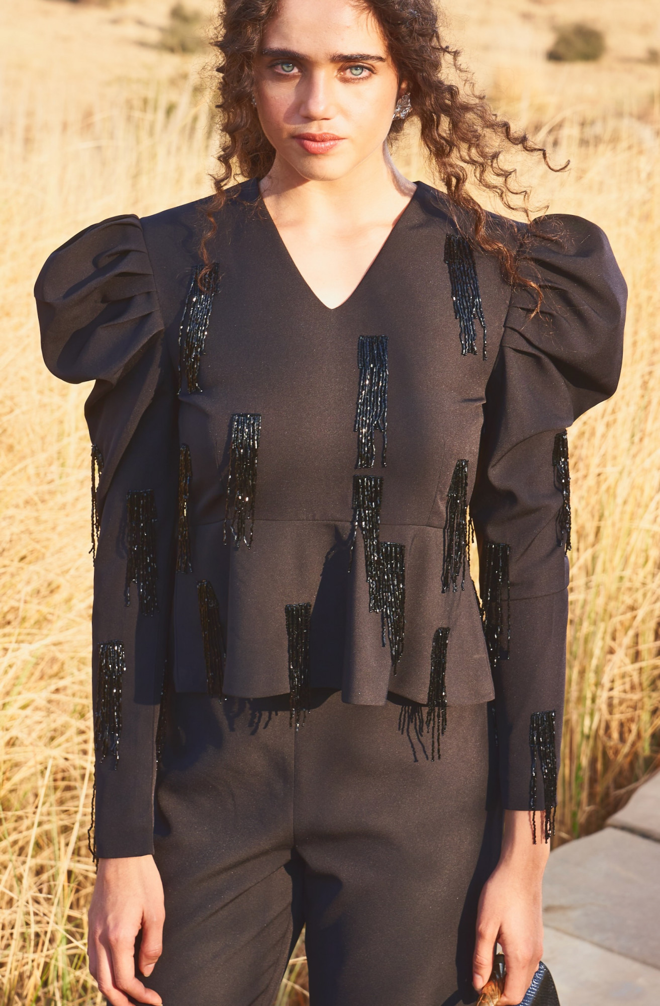 MATERIAL GIRL 03 BLACK TOP AND PANT CO-ORD SET WITH BLACK HANGING BEADS HAND EMBROIDERY