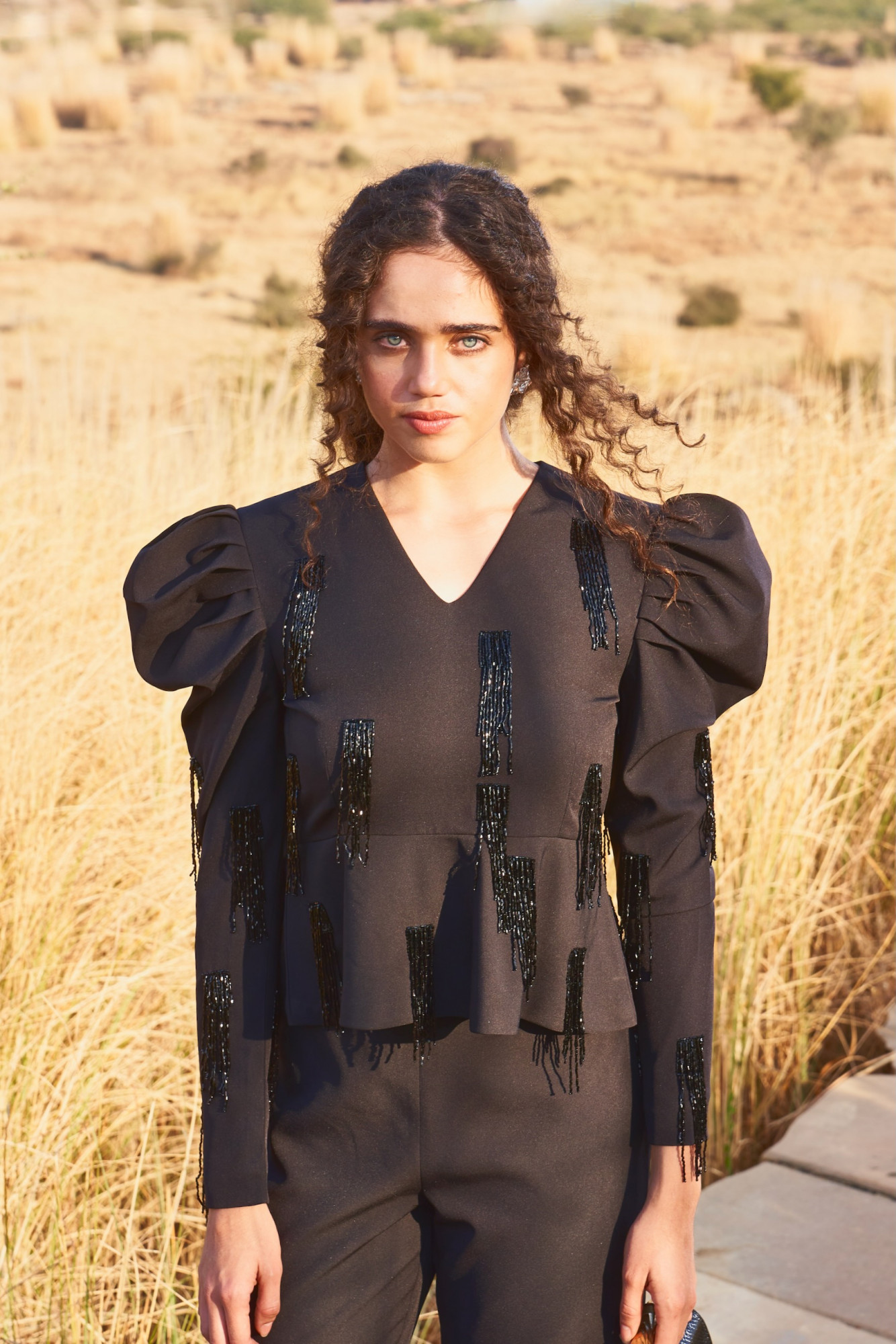 MATERIAL GIRL 03 BLACK PEPLUM TOP WITH BLACK HANGING BEADS HAND EMBROIDERY