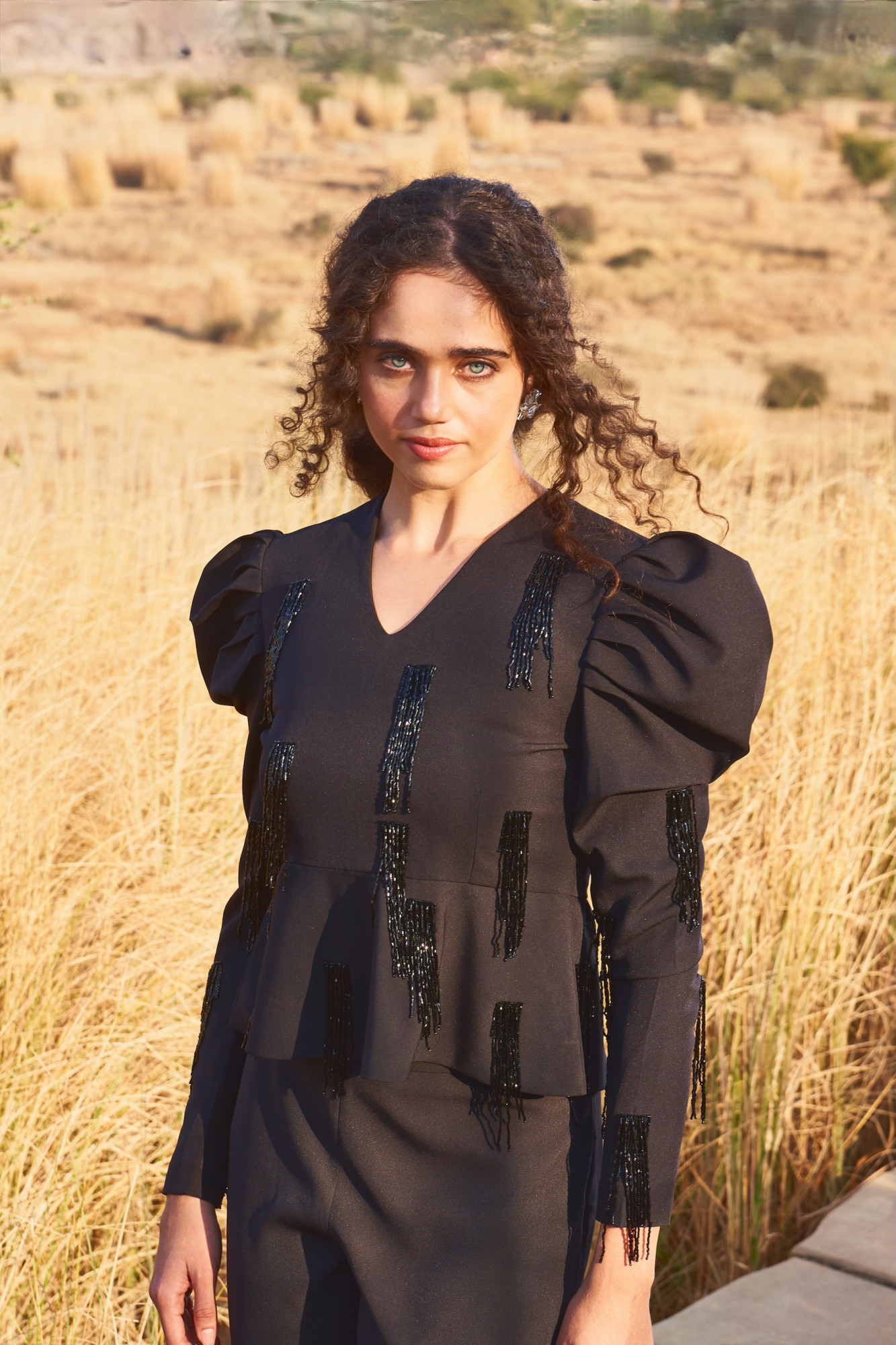 MATERIAL GIRL 03 BLACK PEPLUM TOP WITH BLACK HANGING BEADS HAND EMBROIDERY