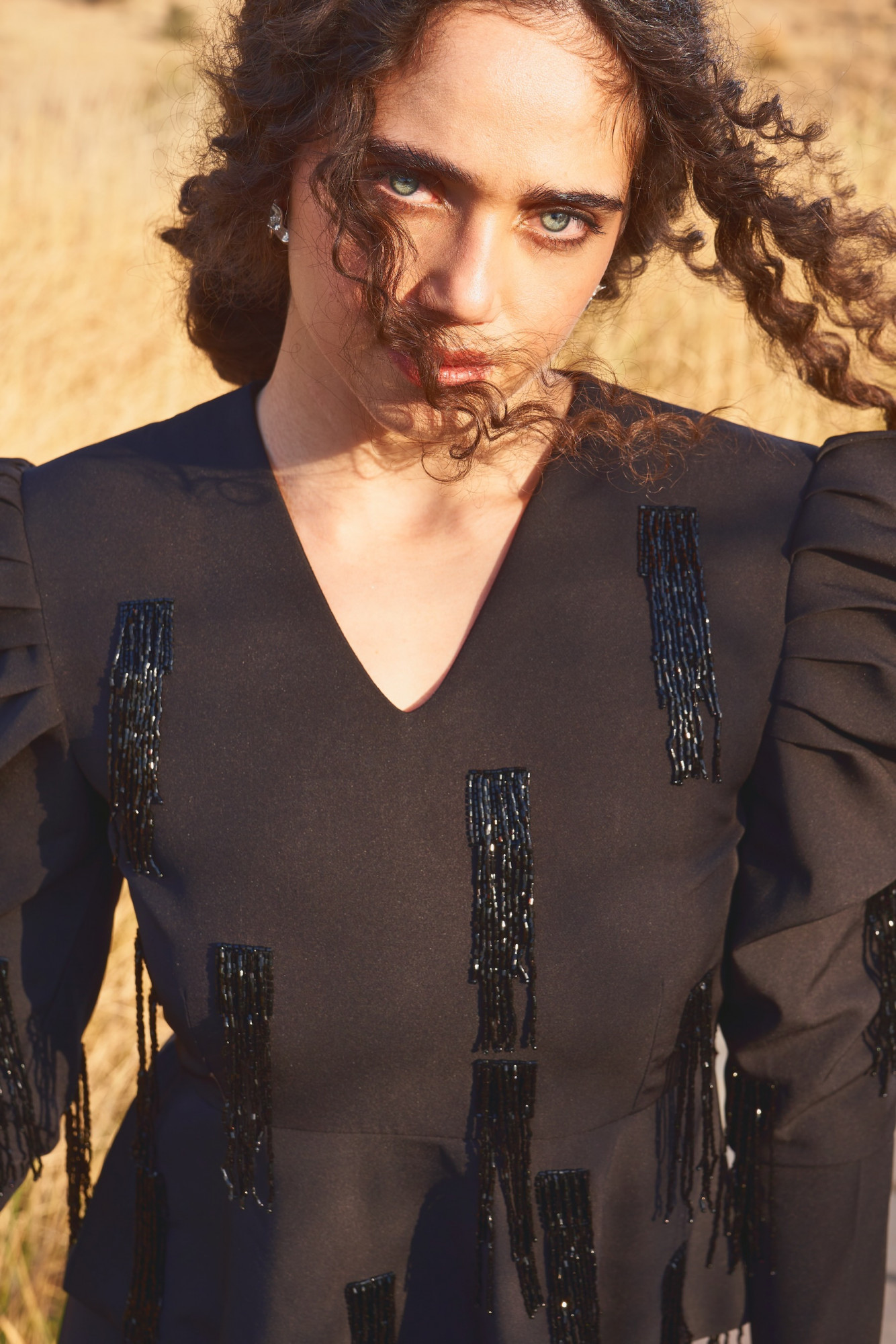 MATERIAL GIRL 03 BLACK PEPLUM TOP WITH BLACK HANGING BEADS HAND EMBROIDERY