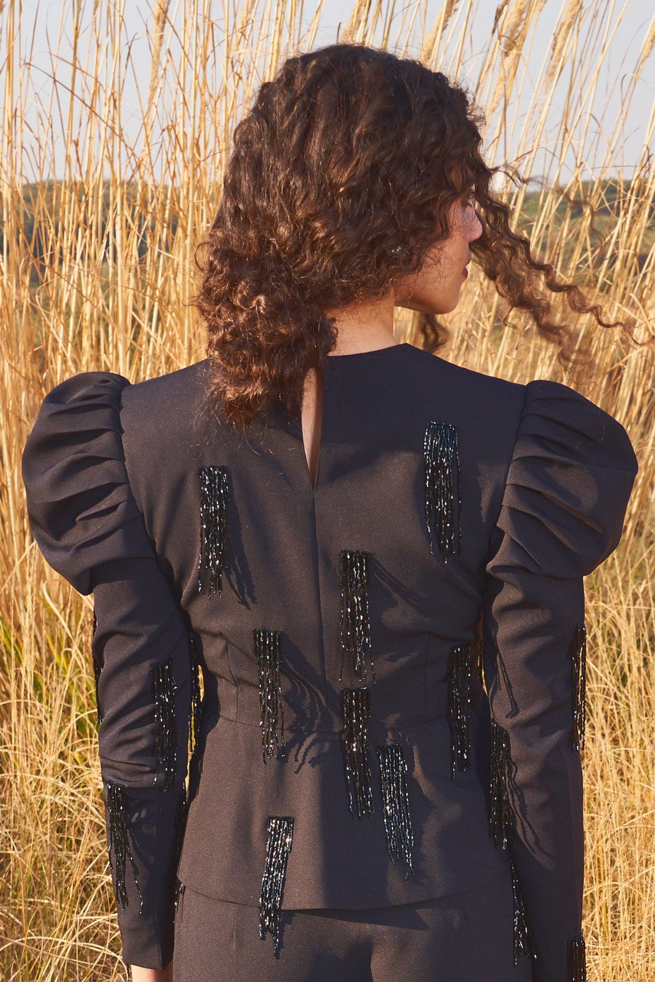 MATERIAL GIRL 03 BLACK PEPLUM TOP WITH BLACK HANGING BEADS HAND EMBROIDERY