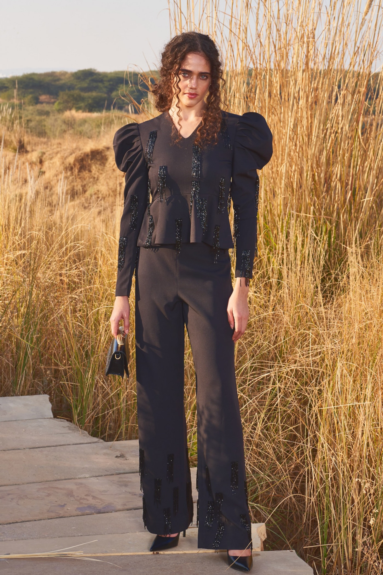 MATERIAL GIRL 03 BLACK PEPLUM TOP WITH BLACK HANGING BEADS HAND EMBROIDERY