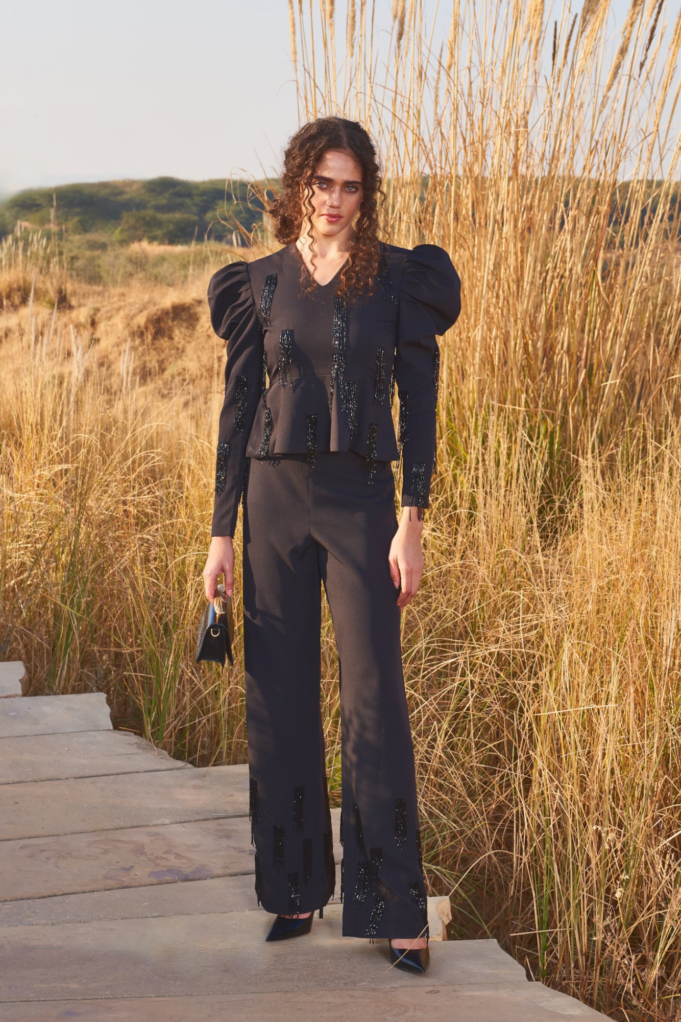 MATERIAL GIRL 03 BLACK TOP AND PANT CO-ORD SET WITH BLACK HANGING BEADS HAND EMBROIDERY