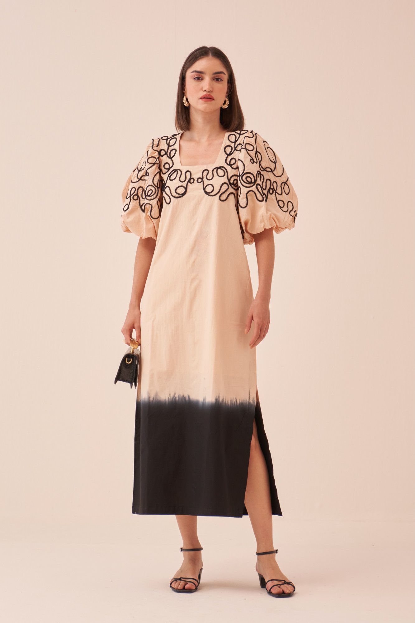 CASABLANCA ECRU POPLIN MIDI LENGTH DIP DYE DRESS WITH DORI HAND EMBROIDERY