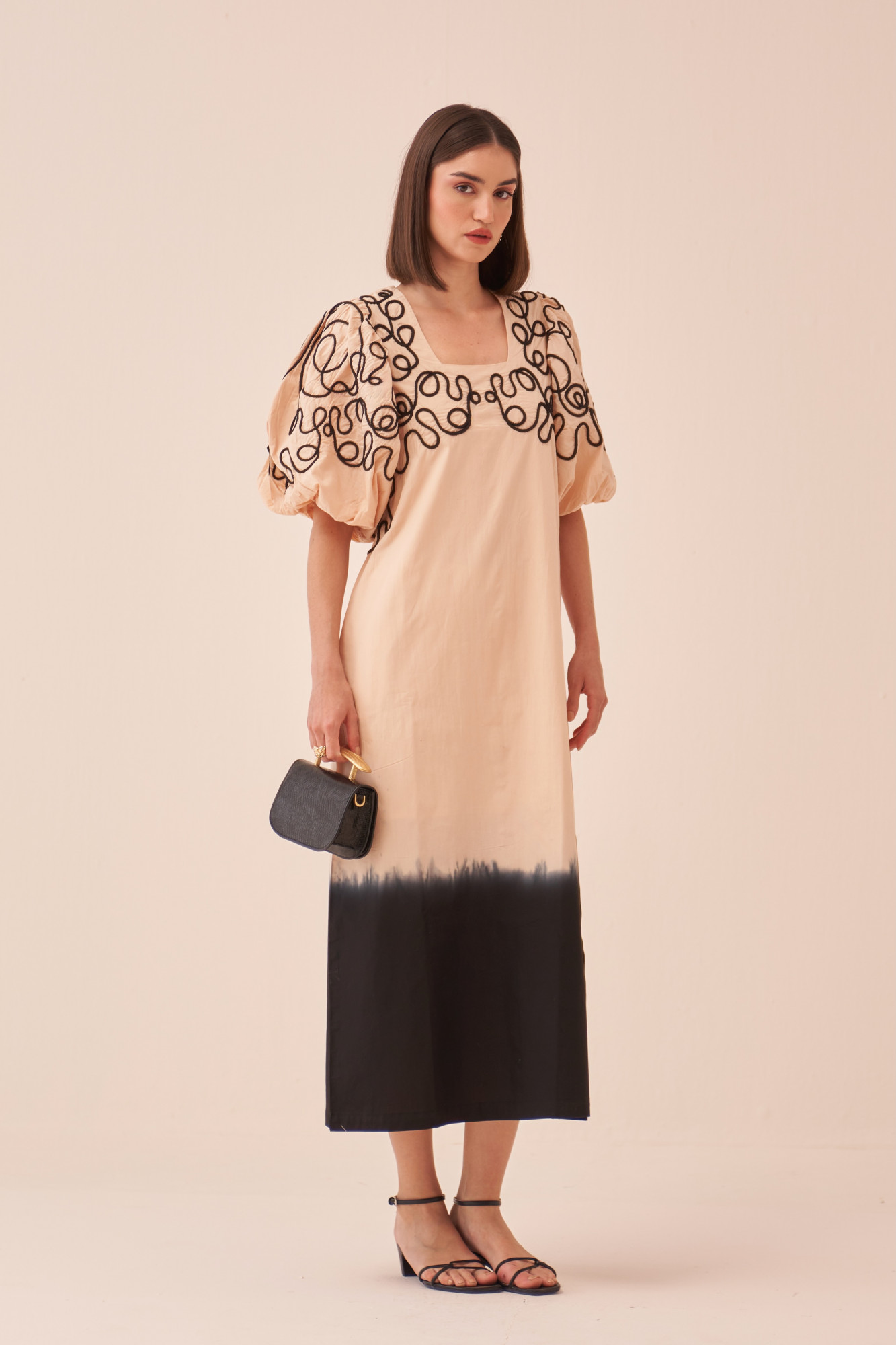 CASABLANCA ECRU POPLIN MIDI LENGTH DIP DYE DRESS WITH DORI HAND EMBROIDERY