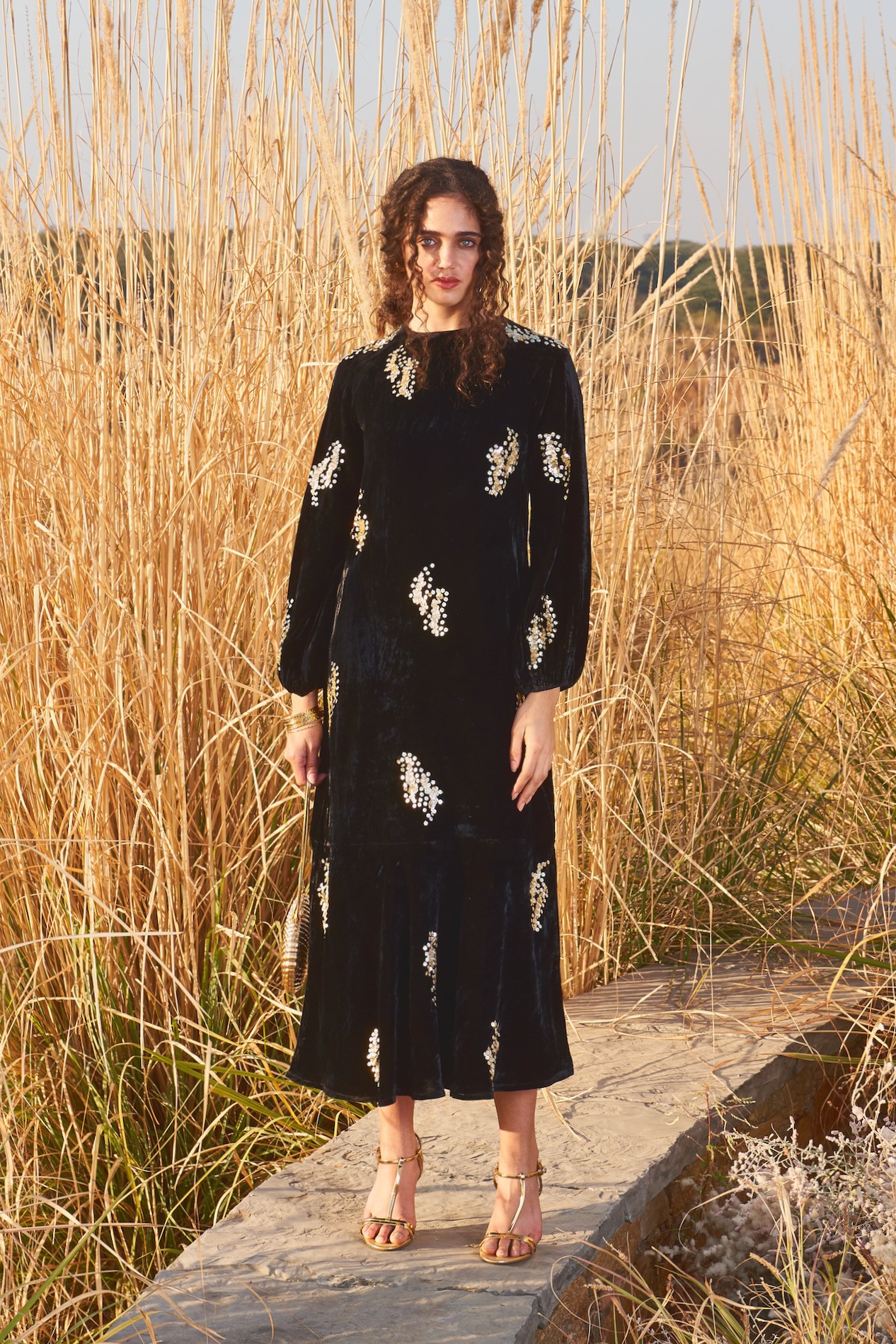 MATERIAL GIRL 03 BLACK SILK VELVET MIDI LENGTH DRESS WITH ALL OVER SEQUIN HAND EMBROIDERY