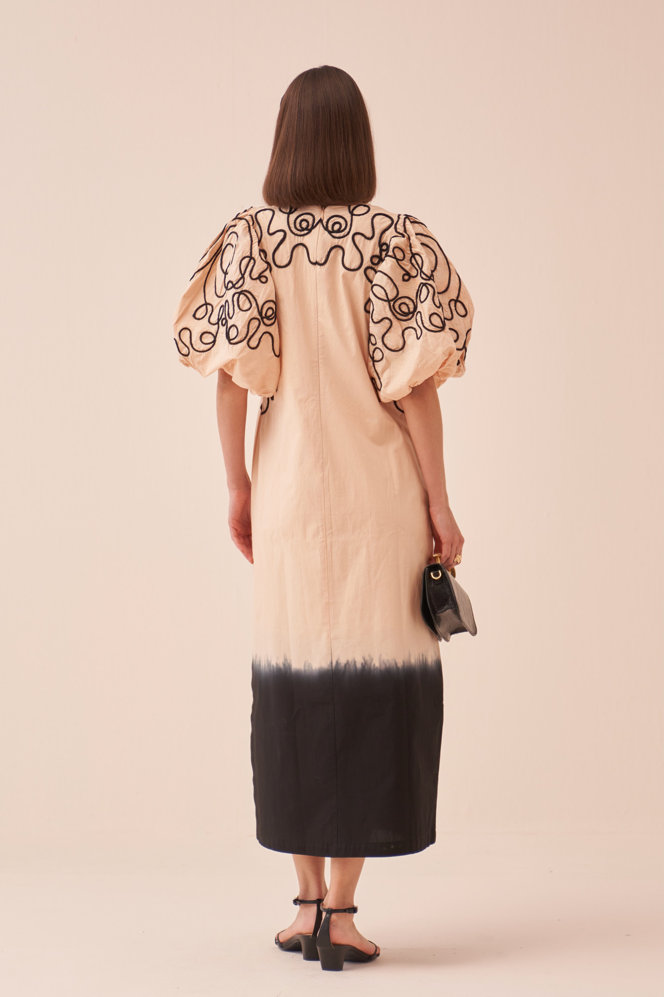 CASABLANCA ECRU POPLIN MIDI LENGTH DIP DYE DRESS WITH DORI HAND EMBROIDERY