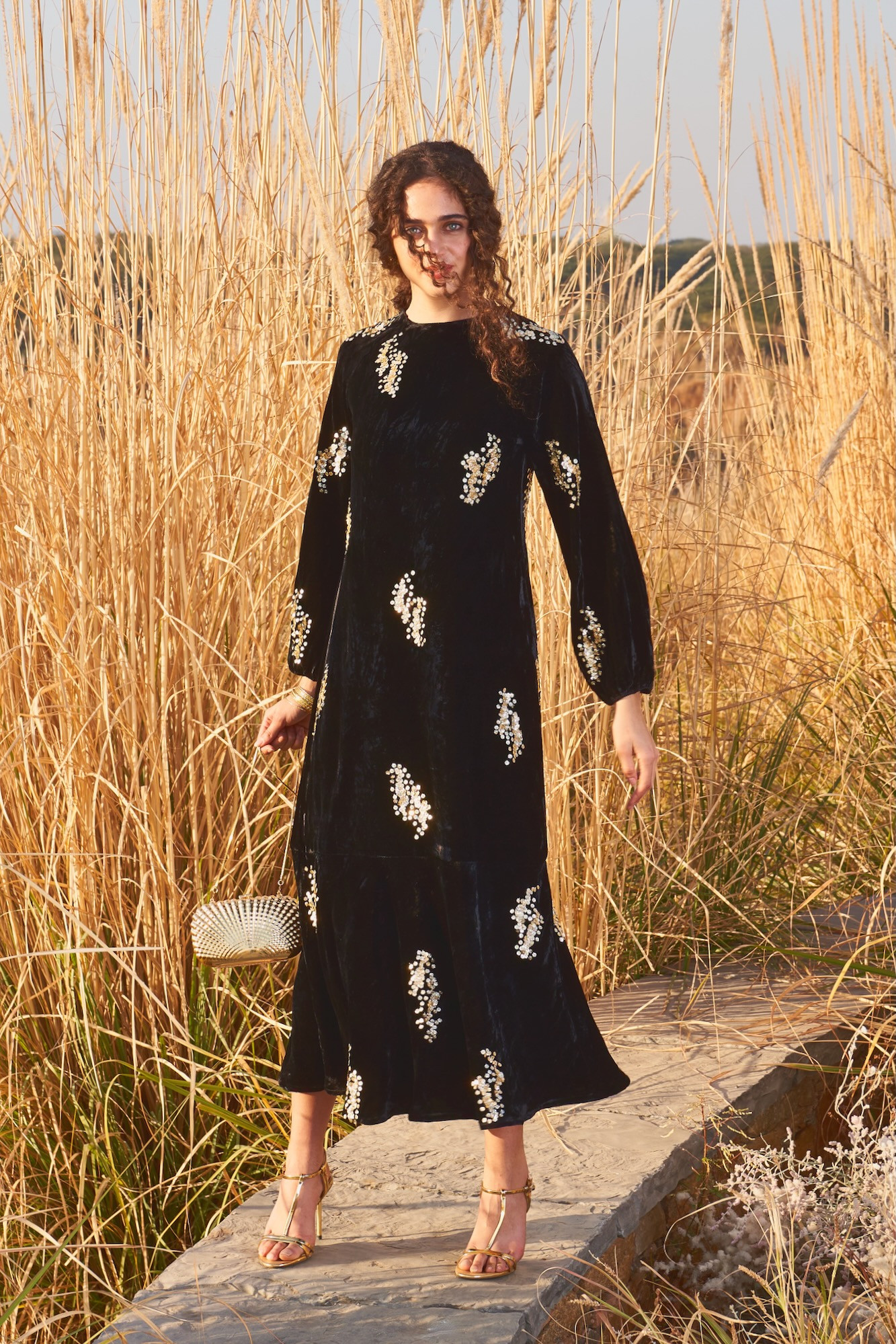 MATERIAL GIRL 03 BLACK SILK VELVET MIDI LENGTH DRESS WITH ALL OVER SEQUIN HAND EMBROIDERY