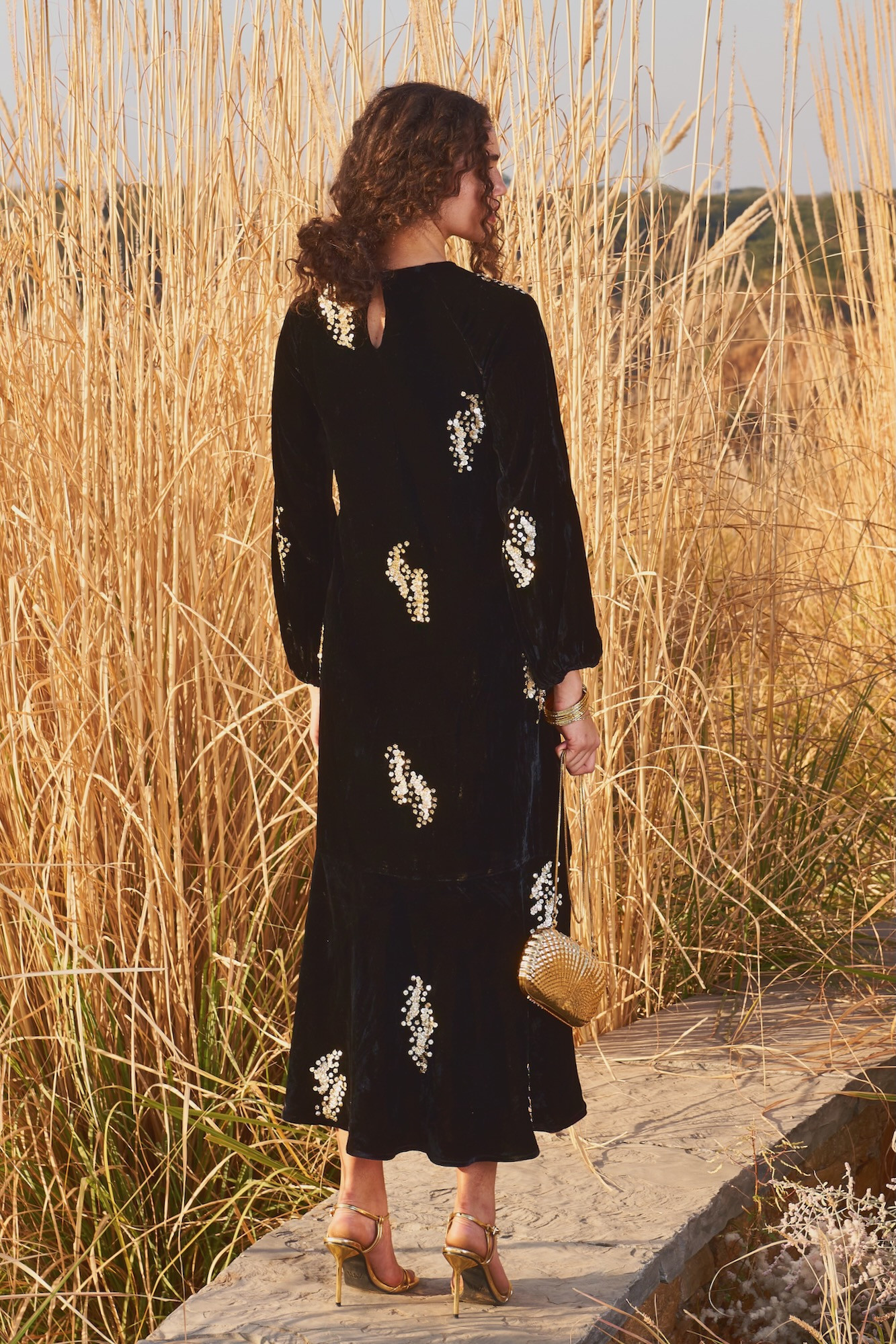 MATERIAL GIRL 03 BLACK SILK VELVET MIDI LENGTH DRESS WITH ALL OVER SEQUIN HAND EMBROIDERY