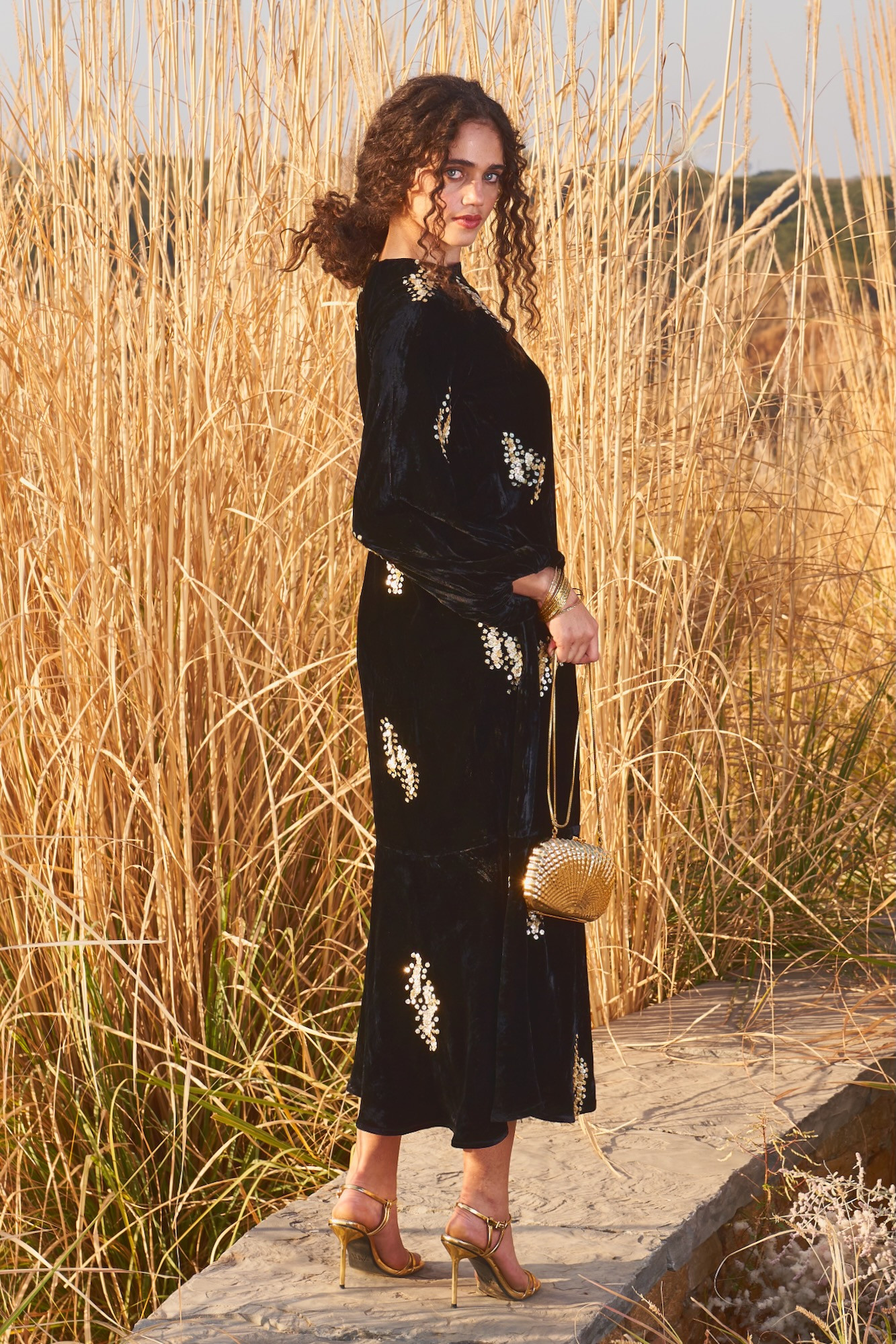 MATERIAL GIRL 03 BLACK SILK VELVET MIDI LENGTH DRESS WITH ALL OVER SEQUIN HAND EMBROIDERY