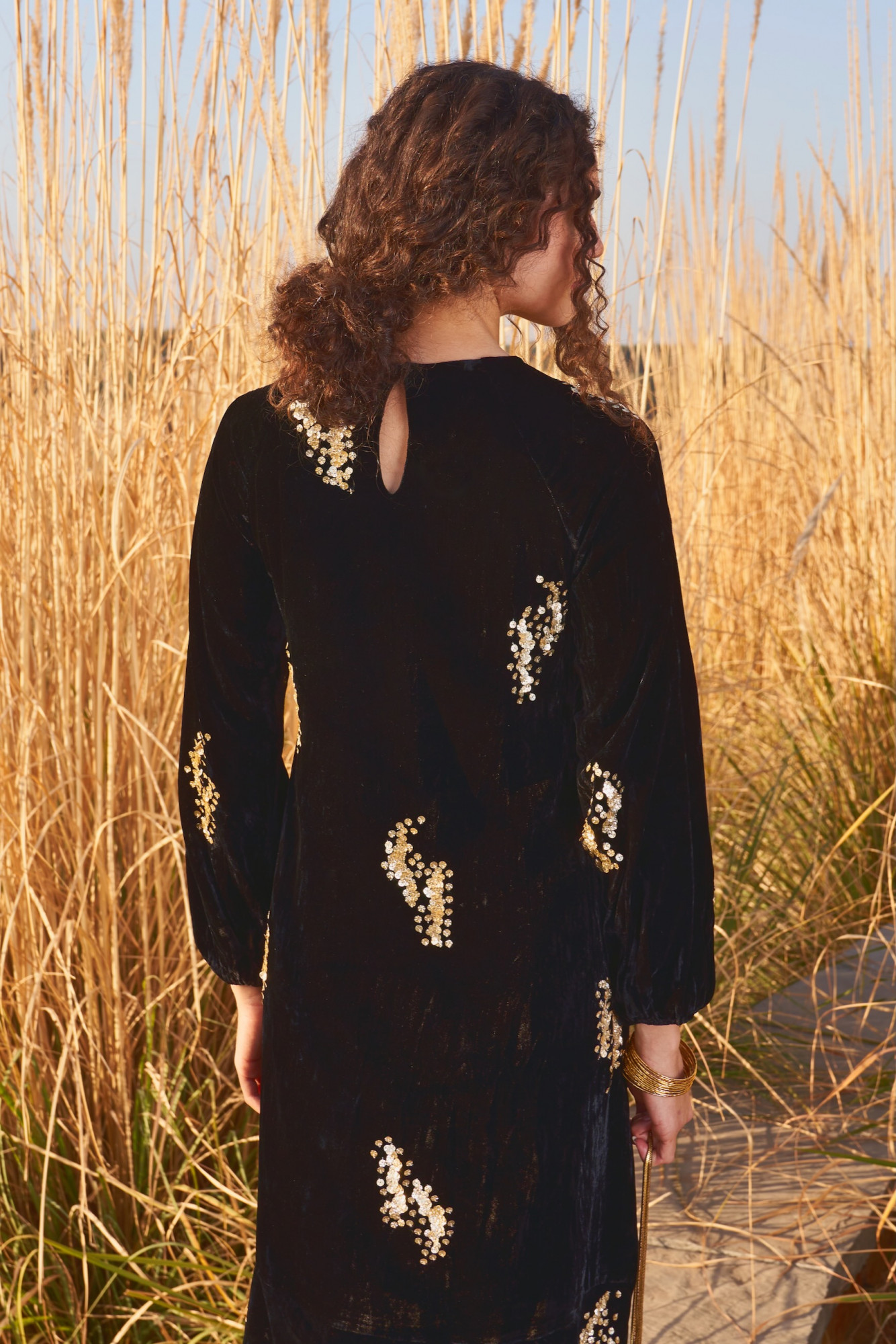 MATERIAL GIRL 03 BLACK SILK VELVET MIDI LENGTH DRESS WITH ALL OVER SEQUIN HAND EMBROIDERY