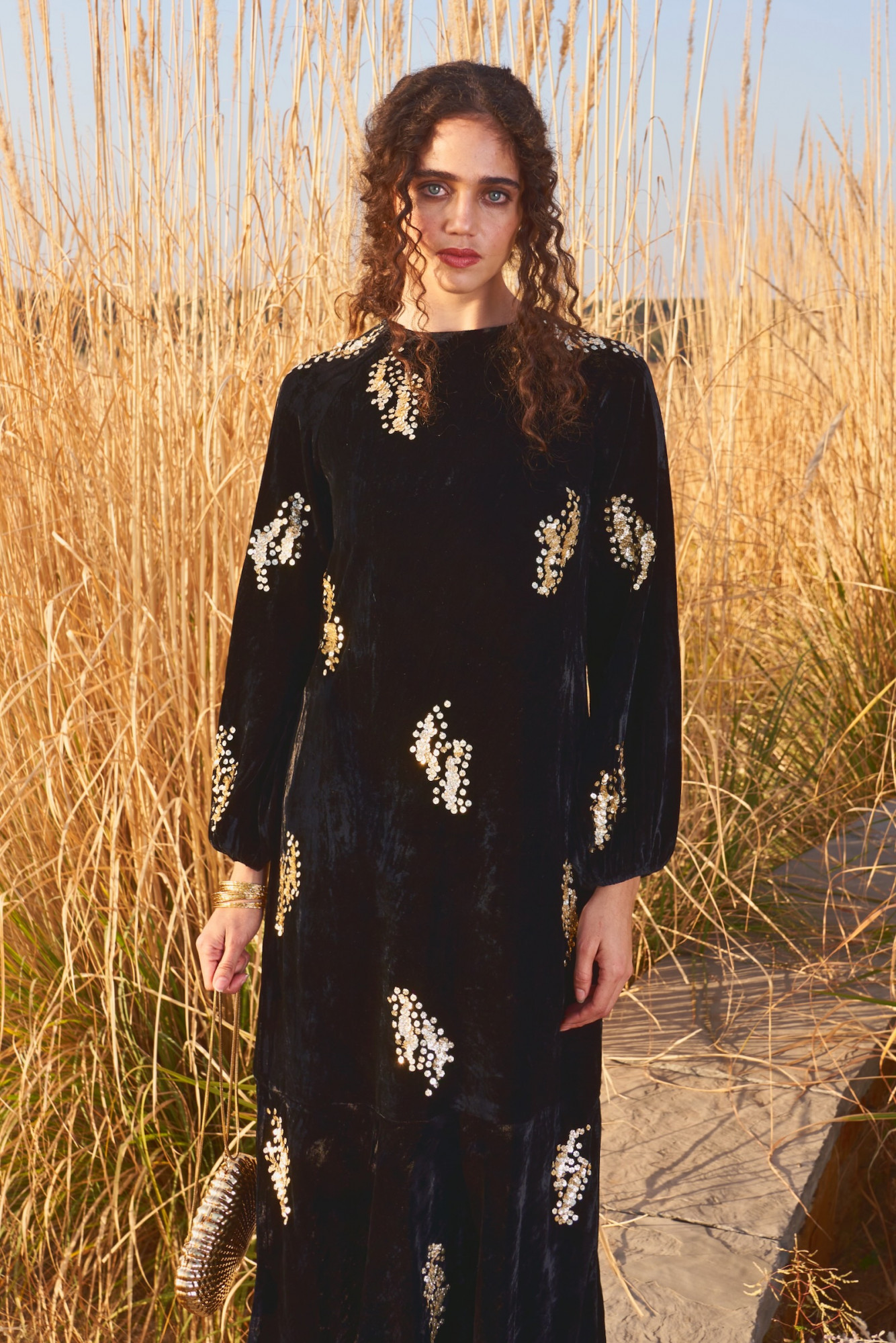 MATERIAL GIRL 03 BLACK SILK VELVET MIDI LENGTH DRESS WITH ALL OVER SEQUIN HAND EMBROIDERY