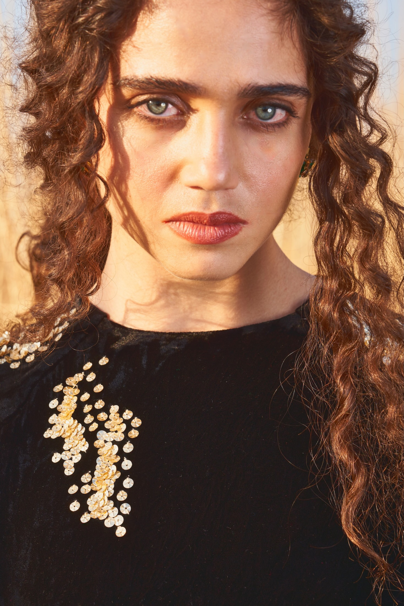 MATERIAL GIRL 03 BLACK SILK VELVET MIDI LENGTH DRESS WITH ALL OVER SEQUIN HAND EMBROIDERY