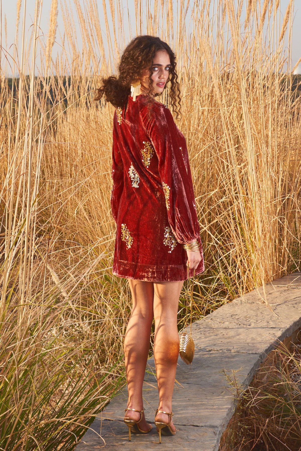 MATERIAL GIRL 03 RUST COLOR SILK VELVET THIGH LENGTH WINTER DRESS WITH SEQUIN HAND EMBROIDERY